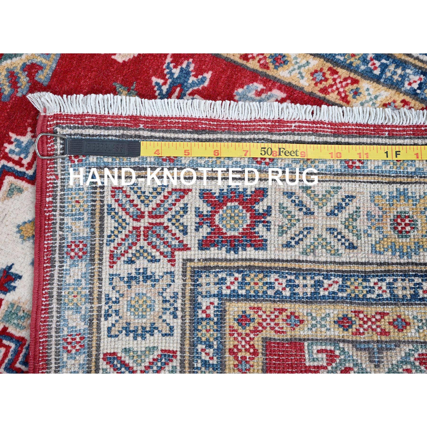 2'7"x6'5" Chili Red, Kazak with Geometric Medallions Design, Soft and Shiny Wool, Hand Knotted, Vegetable Dyes, Denser Weave, Runner, Oriental Rug HR428 - Image 7