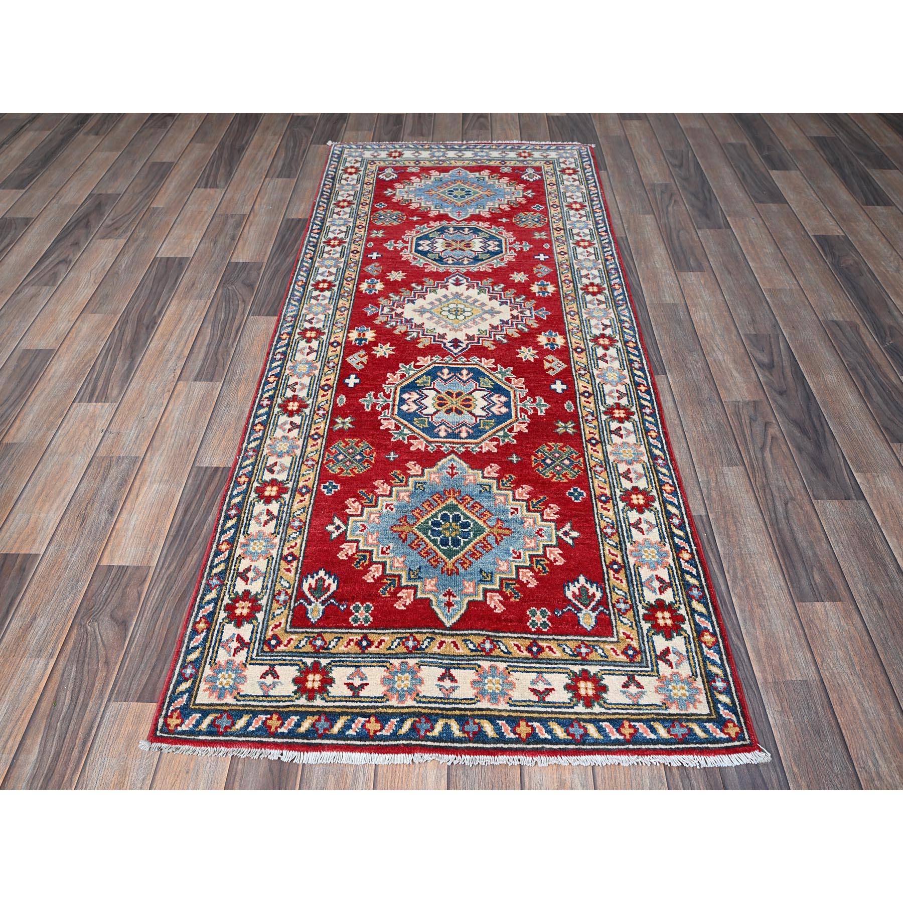 2'9"x6'8" Angels Red, Kazak with Tribal Medallions Design, Hand Knotted, Soft and Shiny Wool, Vegetable Dyes, Denser Weave, Runner, Oriental Rug HR430 - Image 2