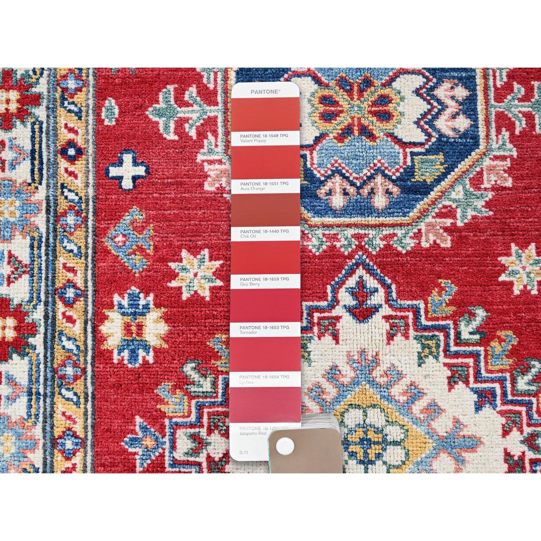 2'9"x6'8" Angels Red, Kazak with Tribal Medallions Design, Hand Knotted, Soft and Shiny Wool, Vegetable Dyes, Denser Weave, Runner, Oriental Rug HR430 - Image 4