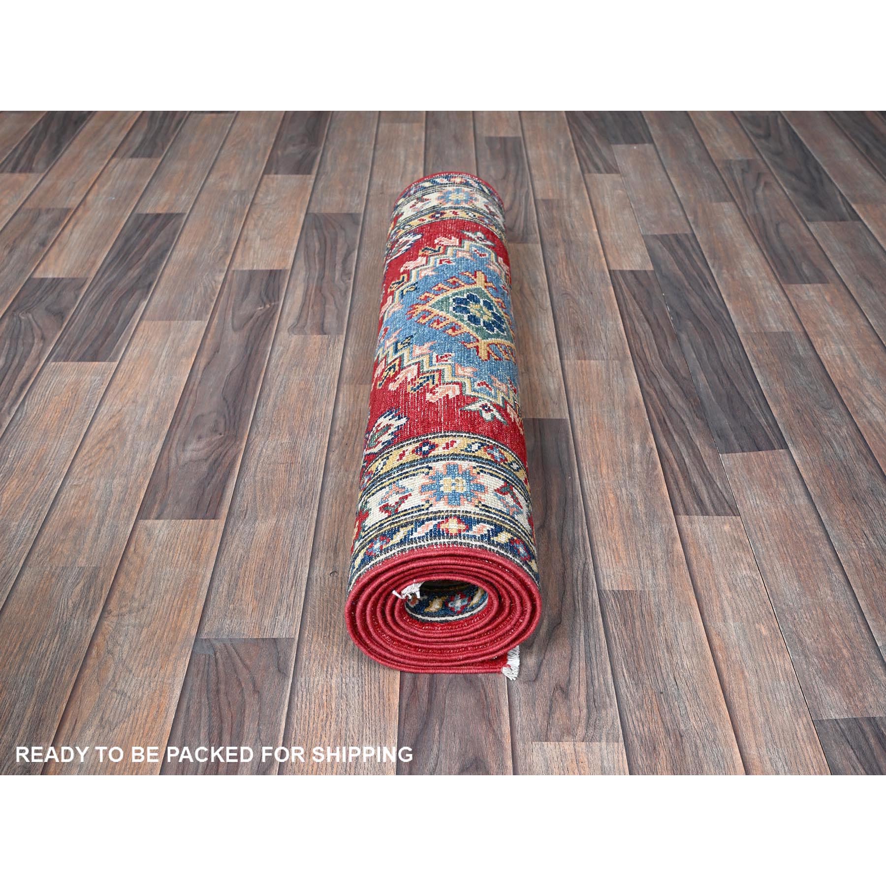 2'9"x6'8" Angels Red, Kazak with Tribal Medallions Design, Hand Knotted, Soft and Shiny Wool, Vegetable Dyes, Denser Weave, Runner, Oriental Rug HR430 - Image 5