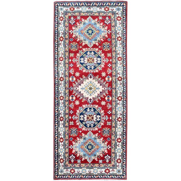 2'8"x6'7" Ajax Red, Kazak with Geometric Medallions Design, Soft and Vibrant Wool, Hand Knotted, Vegetable Dyes, Denser Weave, Runner, Oriental Rug HR433