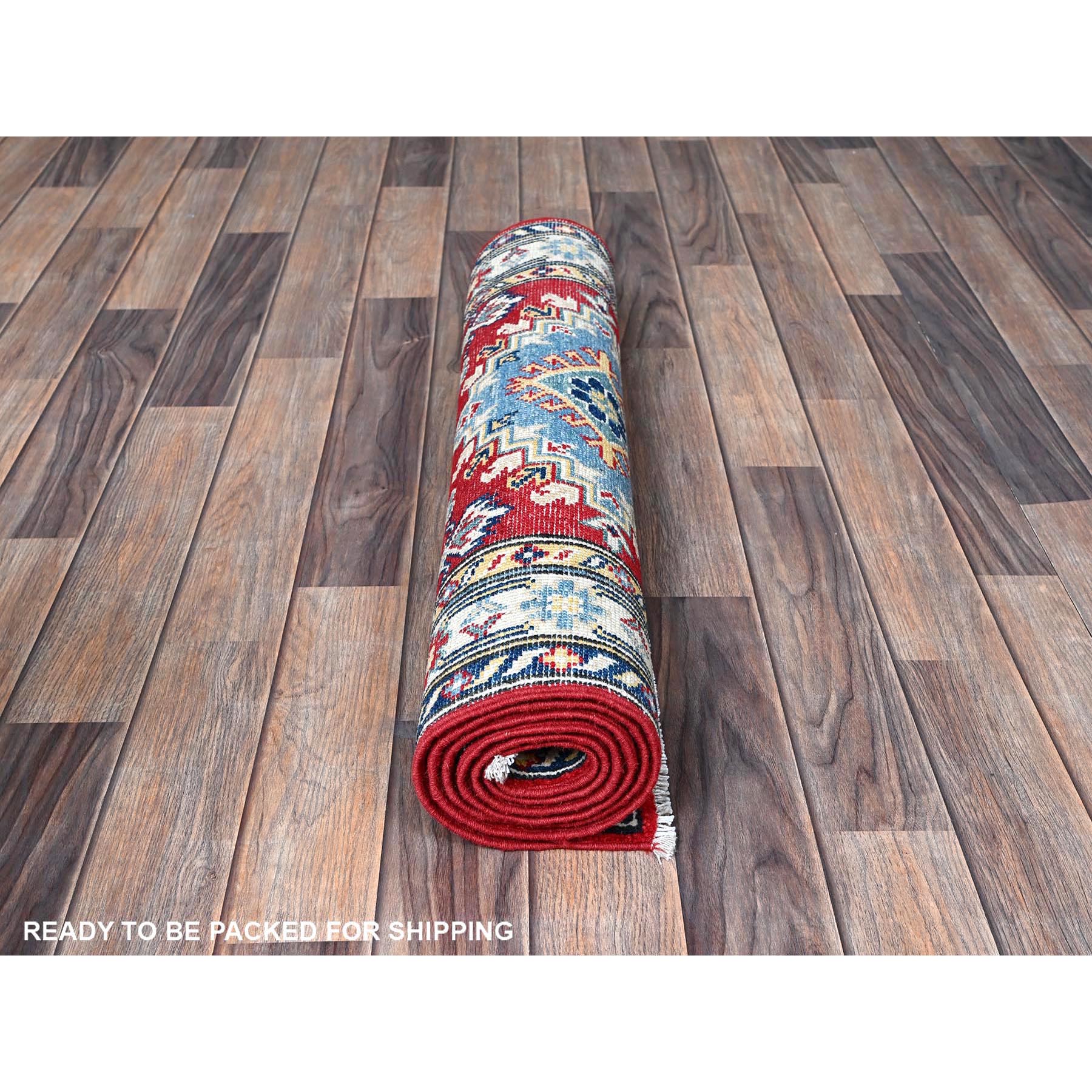 2'8"x6'7" Ajax Red, Kazak with Geometric Medallions Design, Soft and Vibrant Wool, Hand Knotted, Vegetable Dyes, Denser Weave, Runner, Oriental Rug HR433 - Image 5