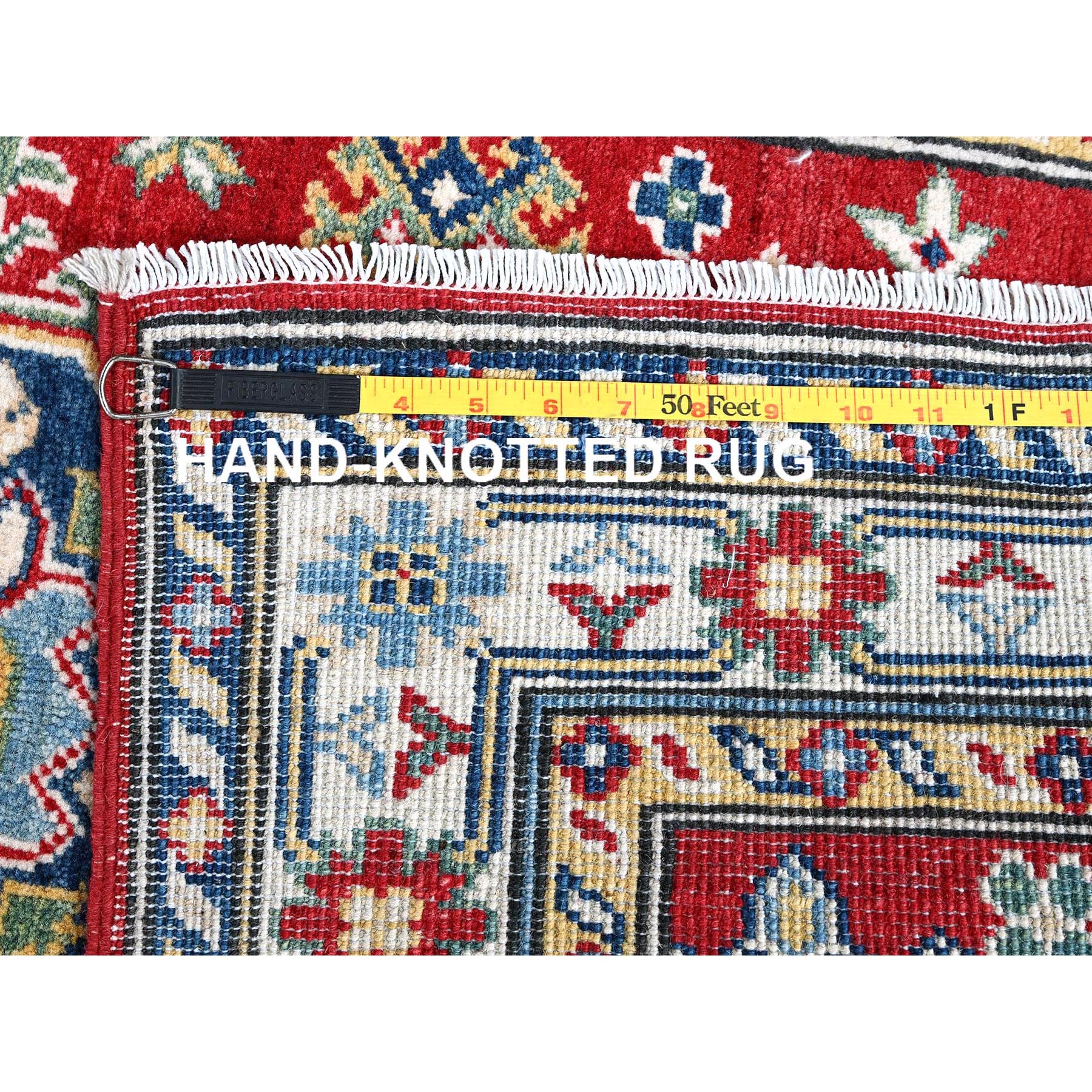 2'8"x6'7" Ajax Red, Kazak with Geometric Medallions Design, Soft and Vibrant Wool, Hand Knotted, Vegetable Dyes, Denser Weave, Runner, Oriental Rug HR433 - Image 7
