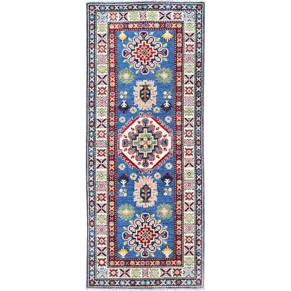 2'7"x6'7" Imperial Blue, Kazak with Tribal Design, Hand Knotted, Soft and Shiny Wool, Vegetable Dyes, Denser Weave, Runner, Oriental Rug HR437