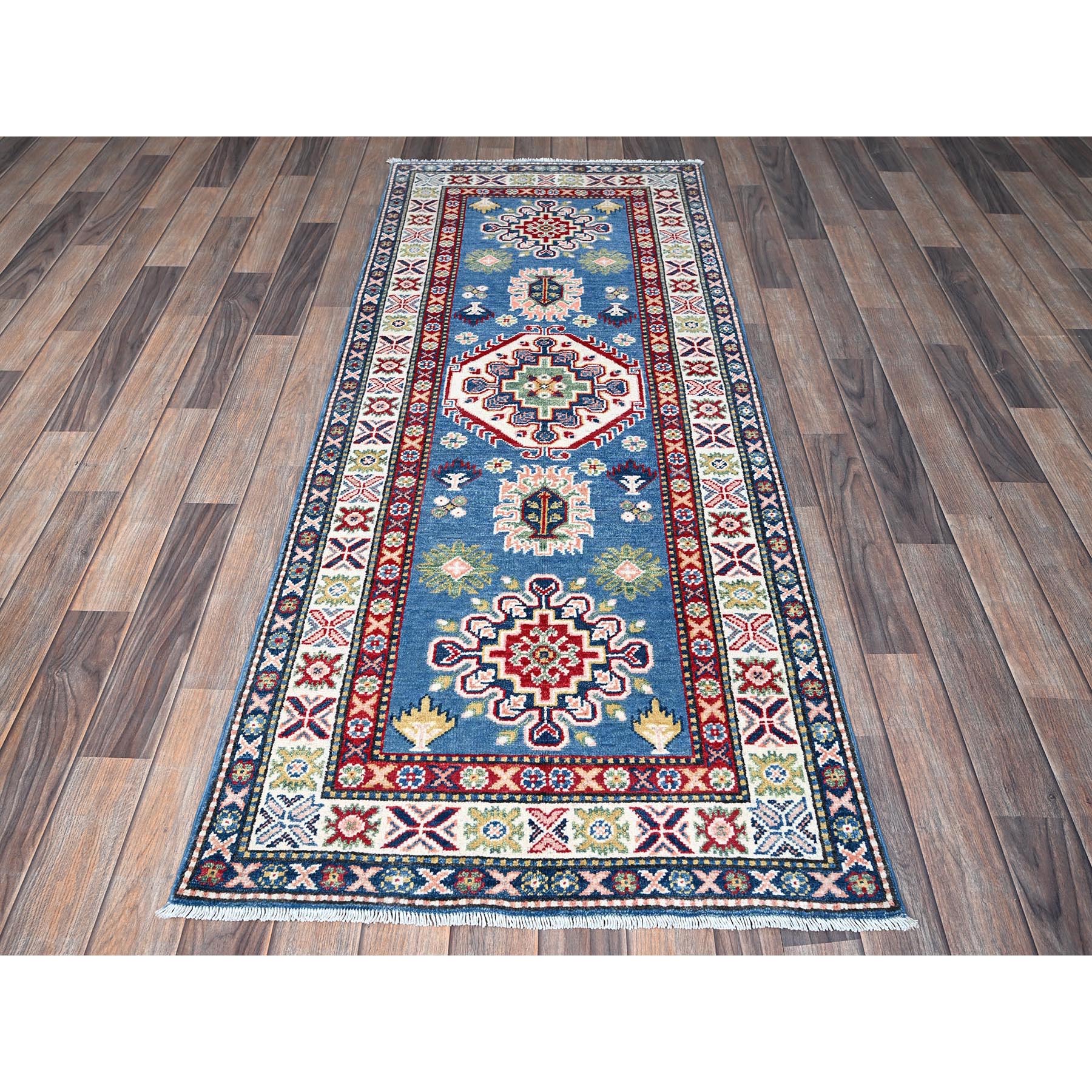2'7"x6'7" Imperial Blue, Kazak with Tribal Design, Hand Knotted, Soft and Shiny Wool, Vegetable Dyes, Denser Weave, Runner, Oriental Rug HR437 - Image 2