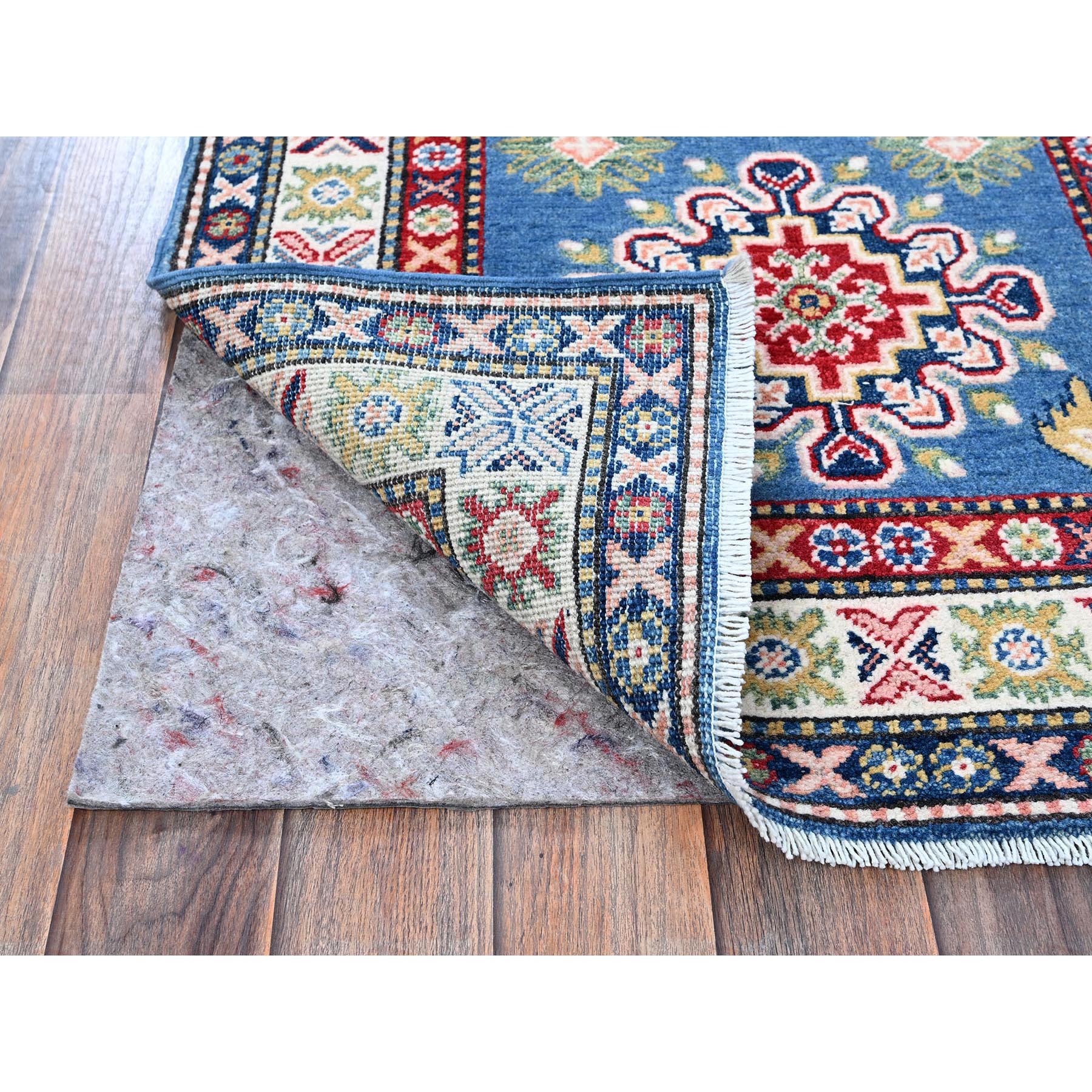 2'7"x6'7" Imperial Blue, Kazak with Tribal Design, Hand Knotted, Soft and Shiny Wool, Vegetable Dyes, Denser Weave, Runner, Oriental Rug HR437 - Image 3