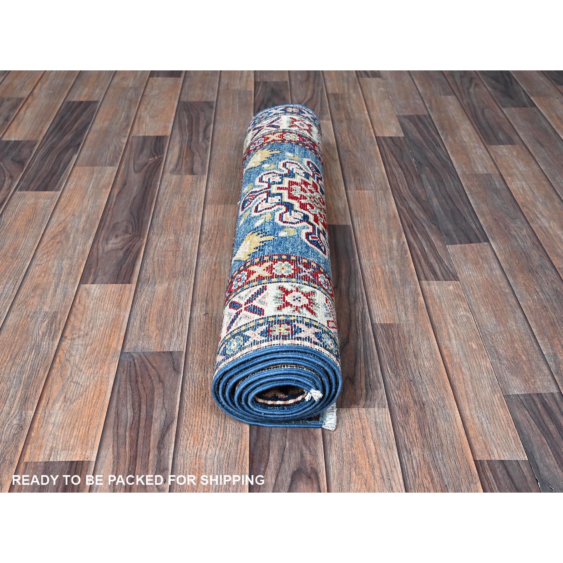 2'7"x6'7" Imperial Blue, Kazak with Tribal Design, Hand Knotted, Soft and Shiny Wool, Vegetable Dyes, Denser Weave, Runner, Oriental Rug HR437 - Image 5