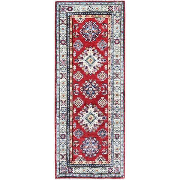 2'8"x6'4" Berry Red, Kazak with Geometric Medallions Design, Hand Knotted, Soft and Velvety Wool, Vegetable Dyes, Denser Weave, Runner, Oriental Rug HR444