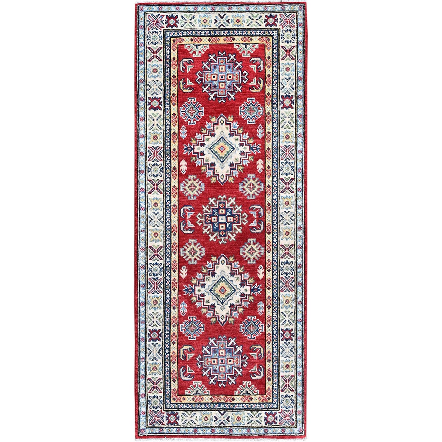2'8"x6'4" Berry Red, Kazak with Geometric Medallions Design, Hand Knotted, Soft and Velvety Wool, Vegetable Dyes, Denser Weave, Runner, Oriental Rug HR444