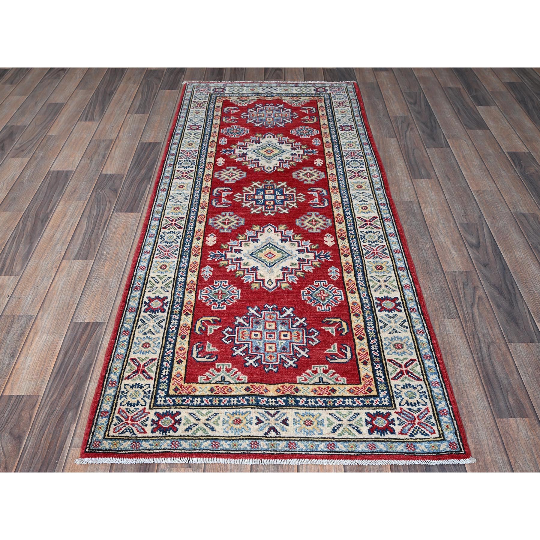 2'8"x6'4" Berry Red, Kazak with Geometric Medallions Design, Hand Knotted, Soft and Velvety Wool, Vegetable Dyes, Denser Weave, Runner, Oriental Rug HR444 - Image 2