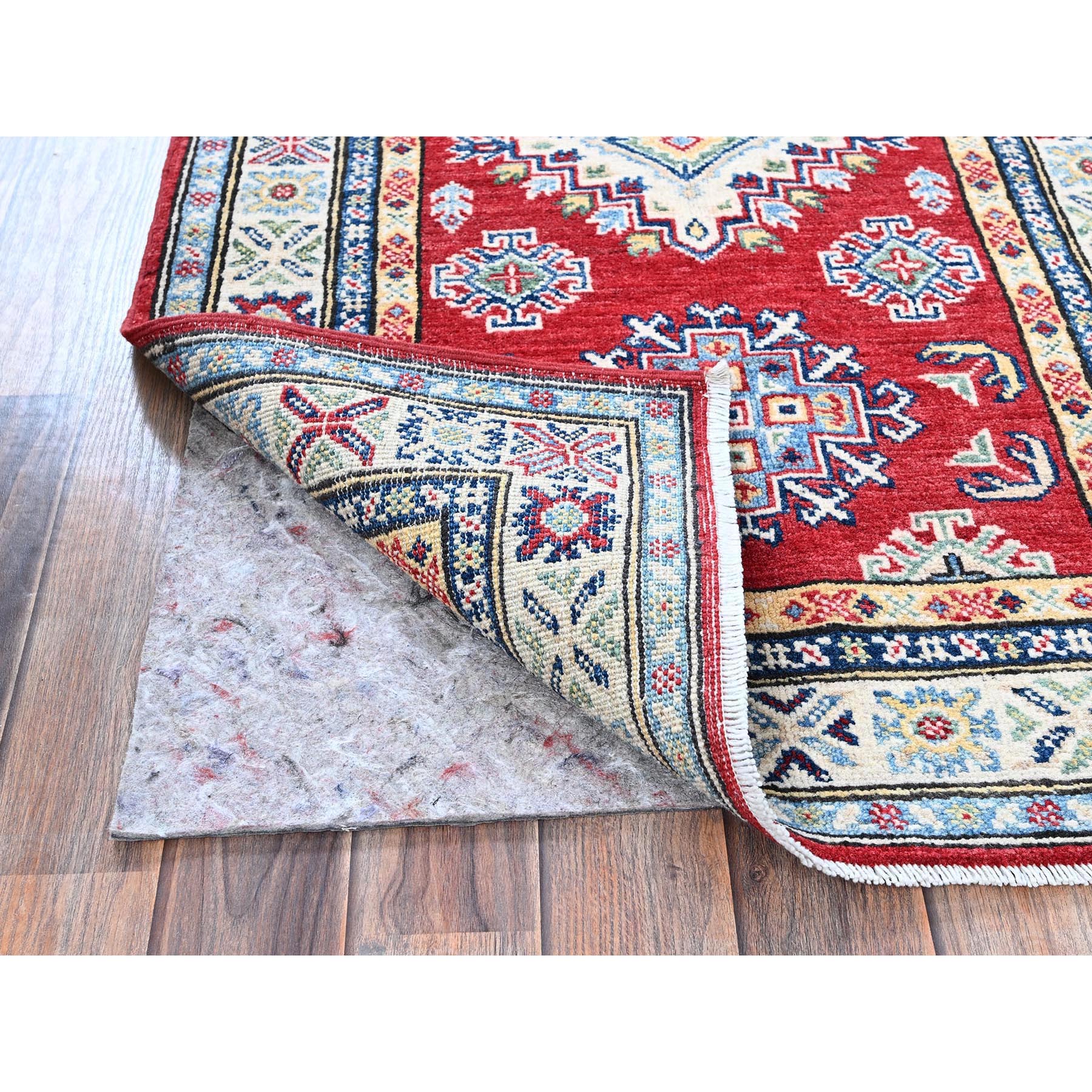 2'8"x6'4" Berry Red, Kazak with Geometric Medallions Design, Hand Knotted, Soft and Velvety Wool, Vegetable Dyes, Denser Weave, Runner, Oriental Rug HR444 - Image 3