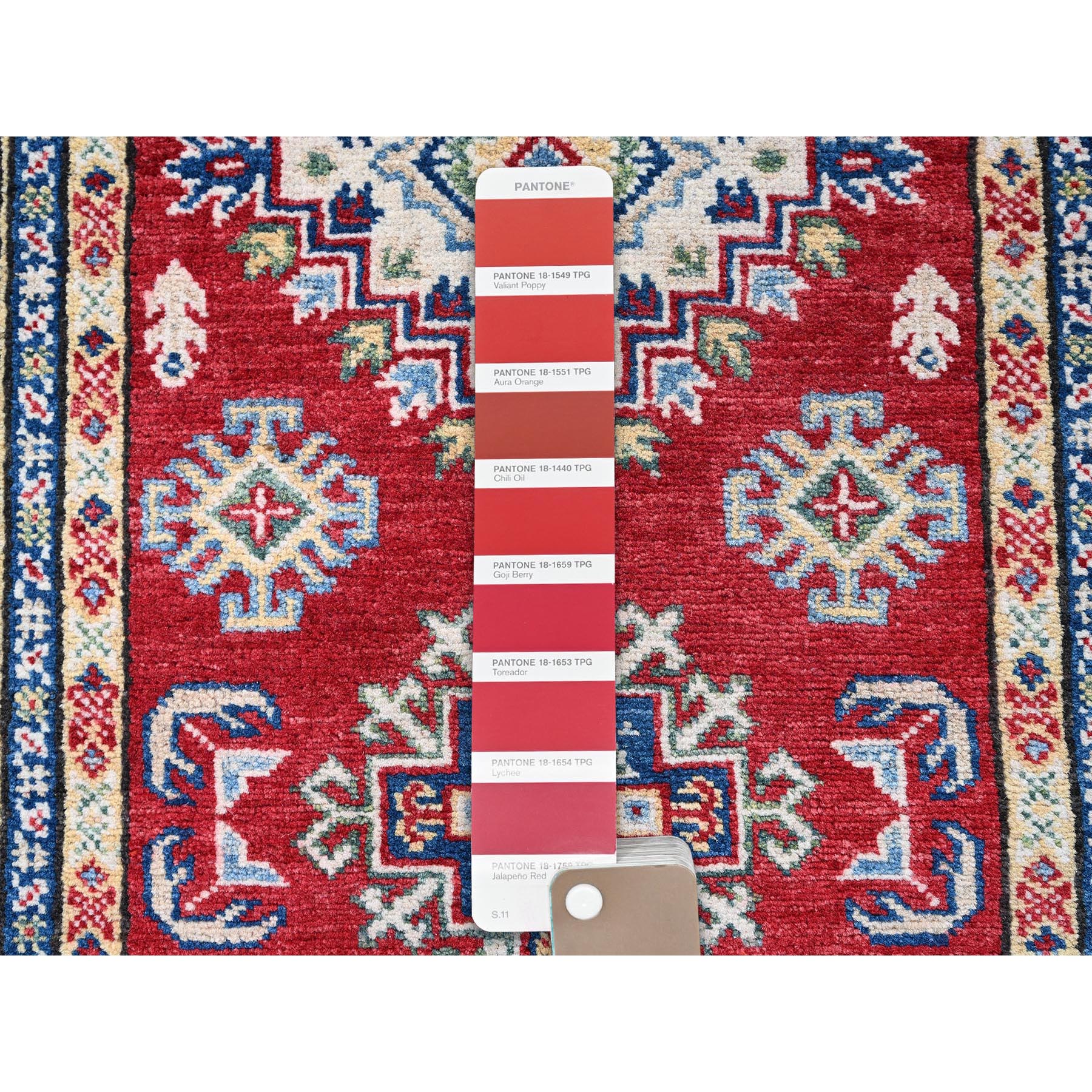 2'8"x6'4" Berry Red, Kazak with Geometric Medallions Design, Hand Knotted, Soft and Velvety Wool, Vegetable Dyes, Denser Weave, Runner, Oriental Rug HR444 - Image 4