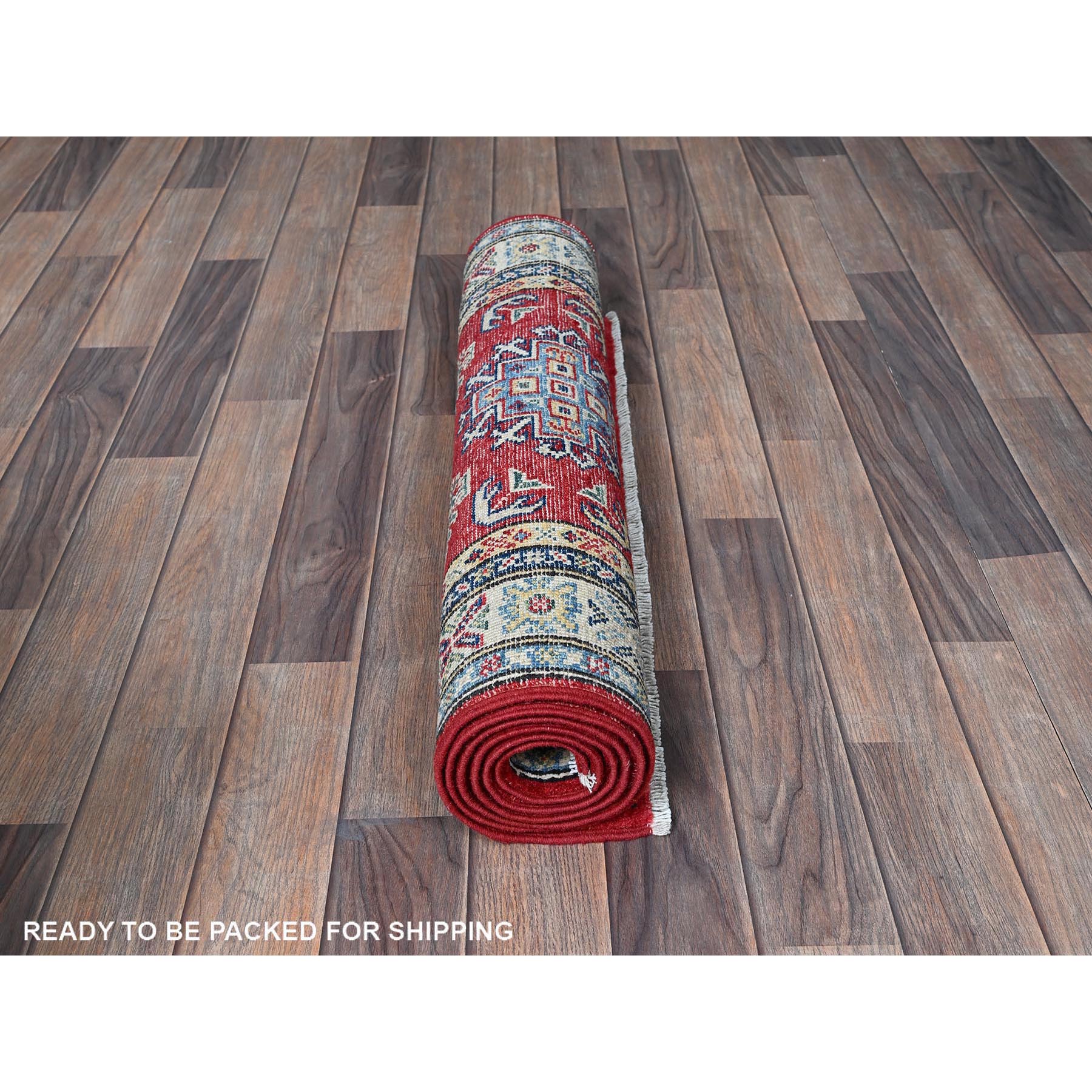 2'8"x6'4" Berry Red, Kazak with Geometric Medallions Design, Hand Knotted, Soft and Velvety Wool, Vegetable Dyes, Denser Weave, Runner, Oriental Rug HR444 - Image 5