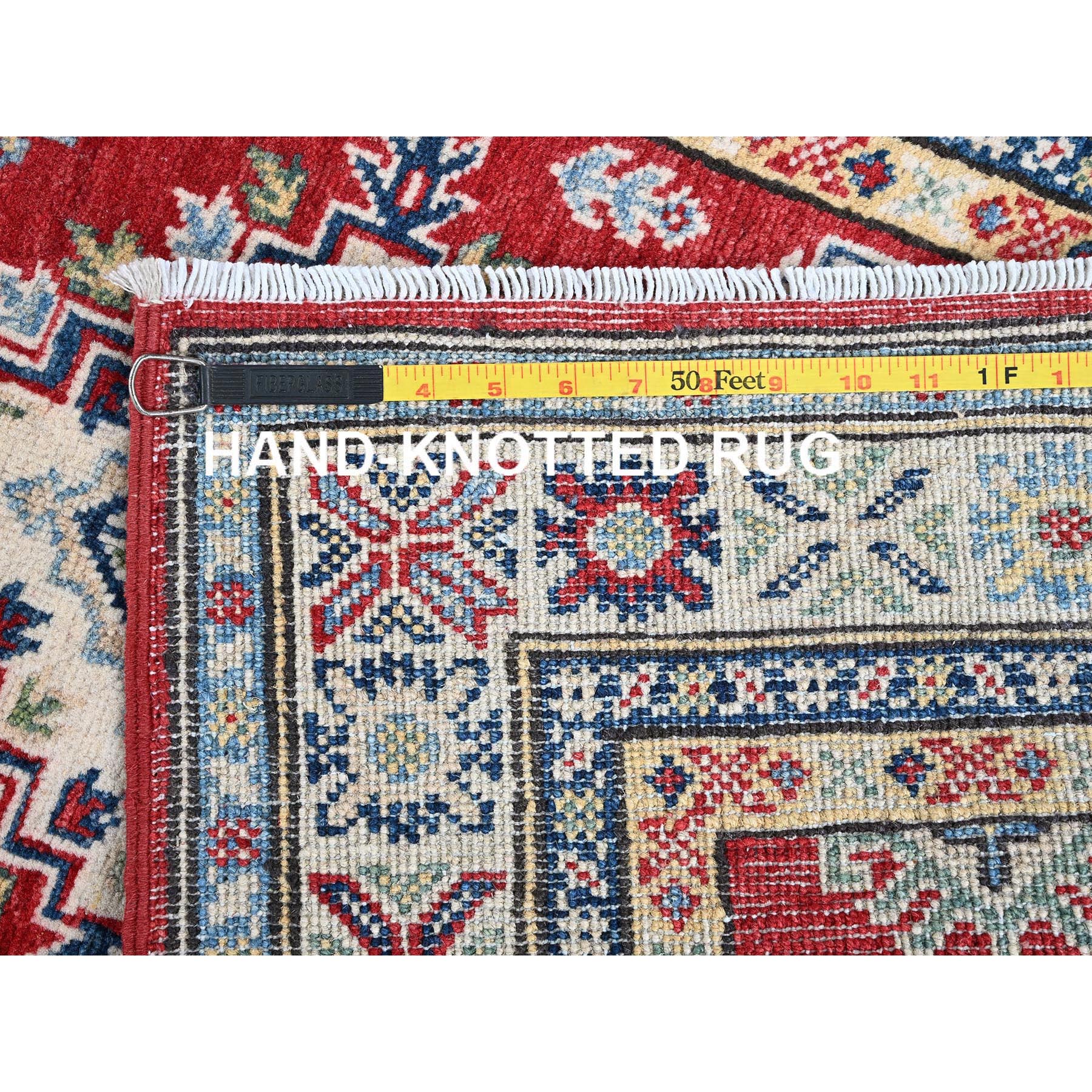 2'8"x6'4" Berry Red, Kazak with Geometric Medallions Design, Hand Knotted, Soft and Velvety Wool, Vegetable Dyes, Denser Weave, Runner, Oriental Rug HR444 - Image 7
