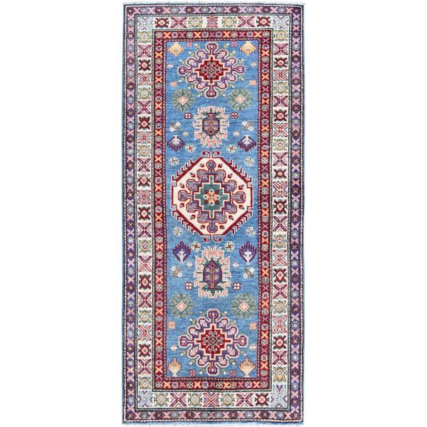 2'8"x6'4" Maya Blue, Kazak with Tribal Medallion Design, Soft and Shiny Wool, Hand Knotted, Vegetable Dyes, Denser Weave, Runner, Oriental Rug HR446
