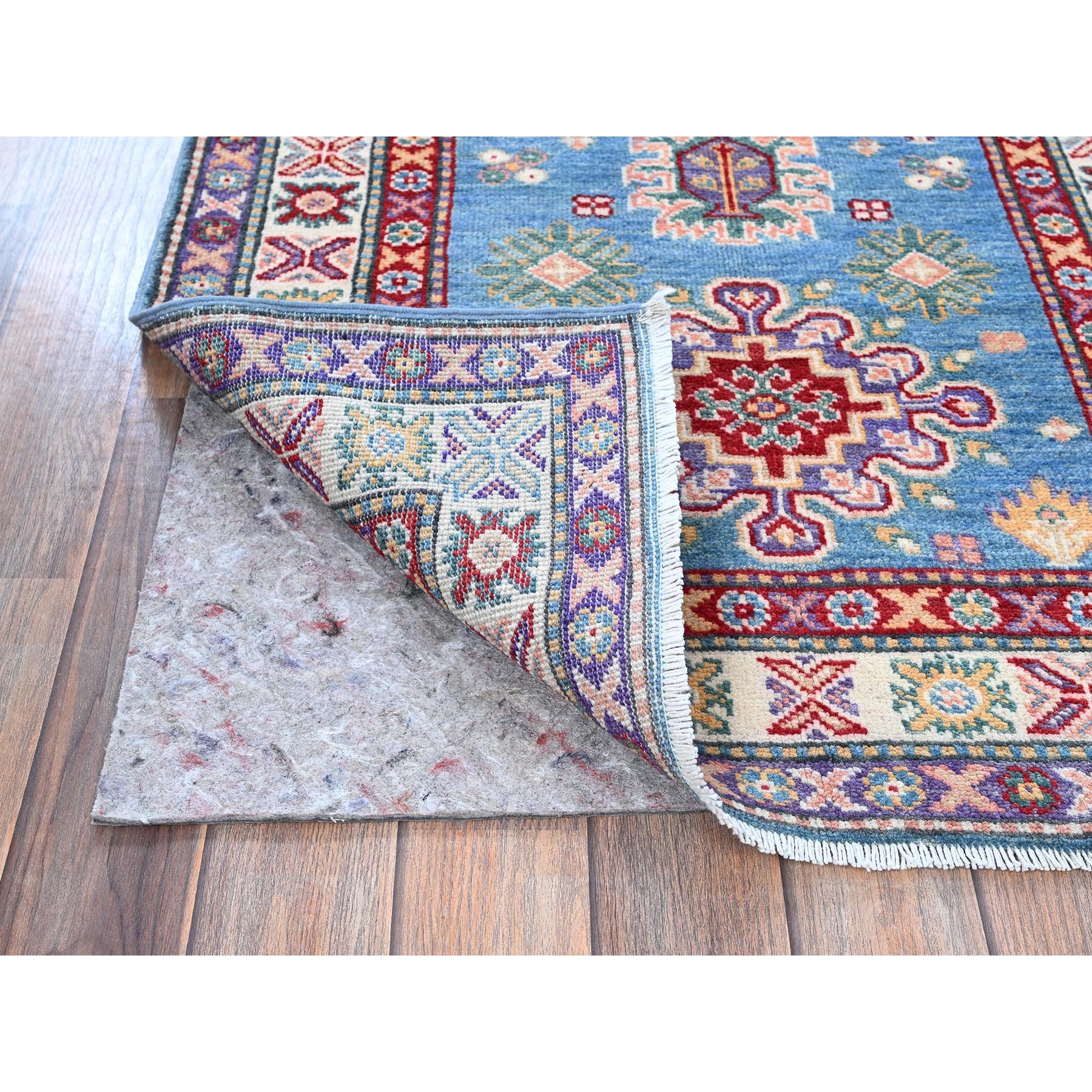 2'8"x6'4" Maya Blue, Kazak with Tribal Medallion Design, Soft and Shiny Wool, Hand Knotted, Vegetable Dyes, Denser Weave, Runner, Oriental Rug HR446 - Image 3