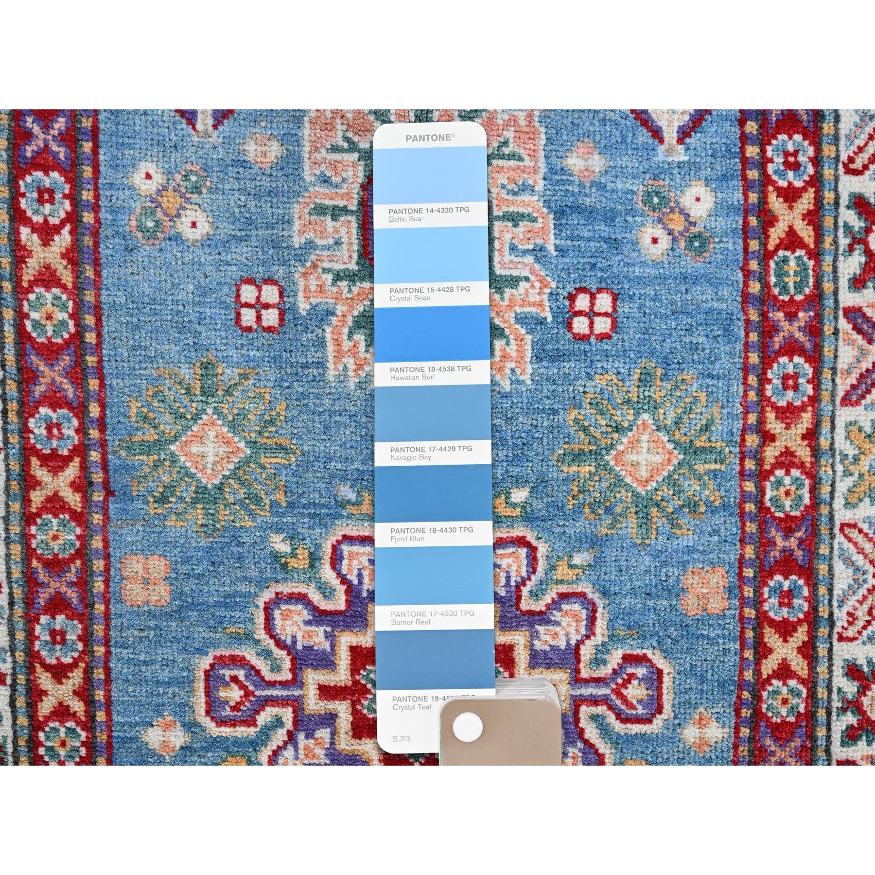 2'8"x6'4" Maya Blue, Kazak with Tribal Medallion Design, Soft and Shiny Wool, Hand Knotted, Vegetable Dyes, Denser Weave, Runner, Oriental Rug HR446 - Image 4