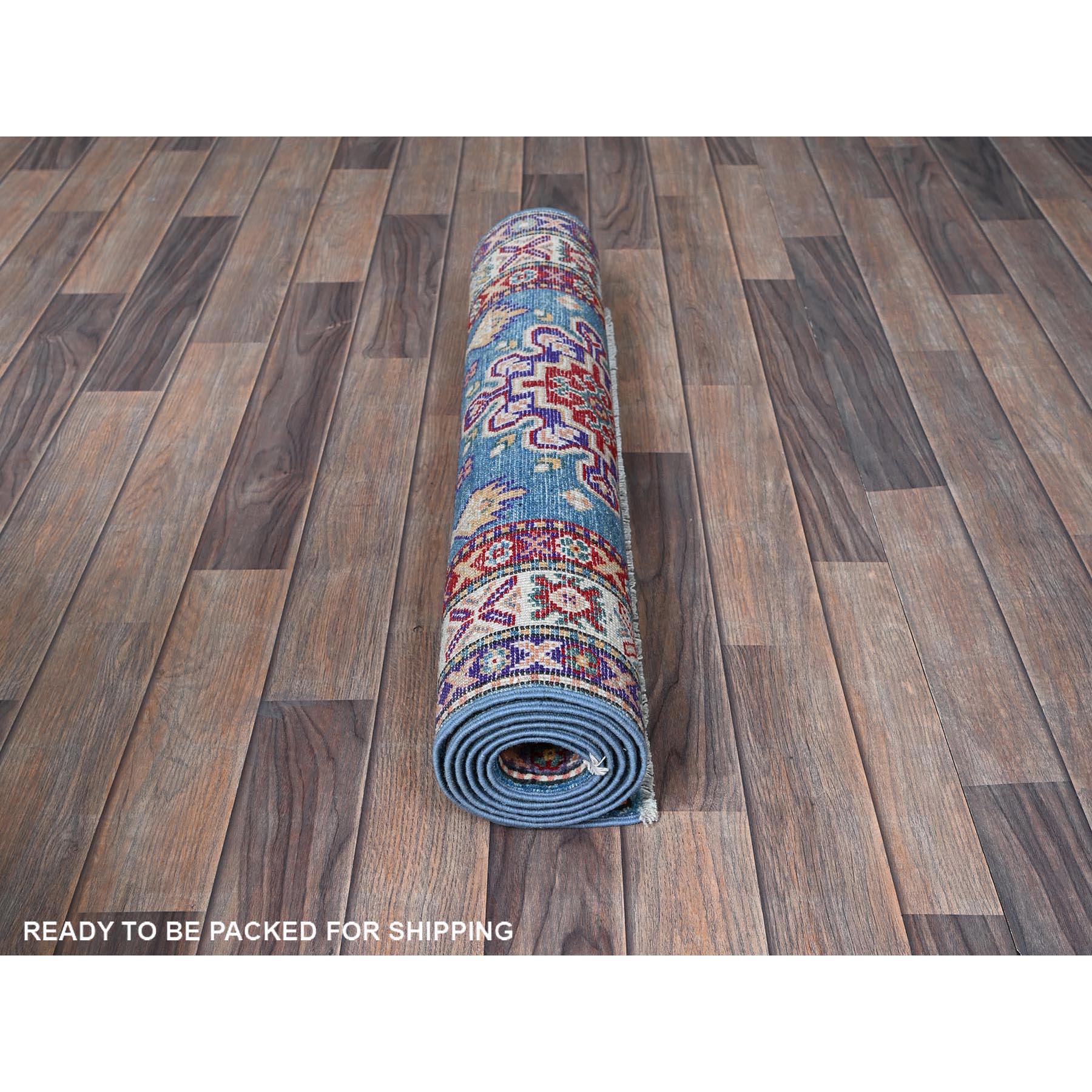 2'8"x6'4" Maya Blue, Kazak with Tribal Medallion Design, Soft and Shiny Wool, Hand Knotted, Vegetable Dyes, Denser Weave, Runner, Oriental Rug HR446 - Image 5