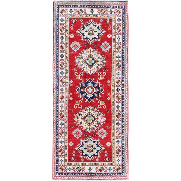 2'8"x6'5" Berry Red, Kazak with Geometric Medallions Design, Hand Knotted, Soft and Velvety Wool, Vegetable Dyes, Denser Weave, Runner, Oriental Rug HR450