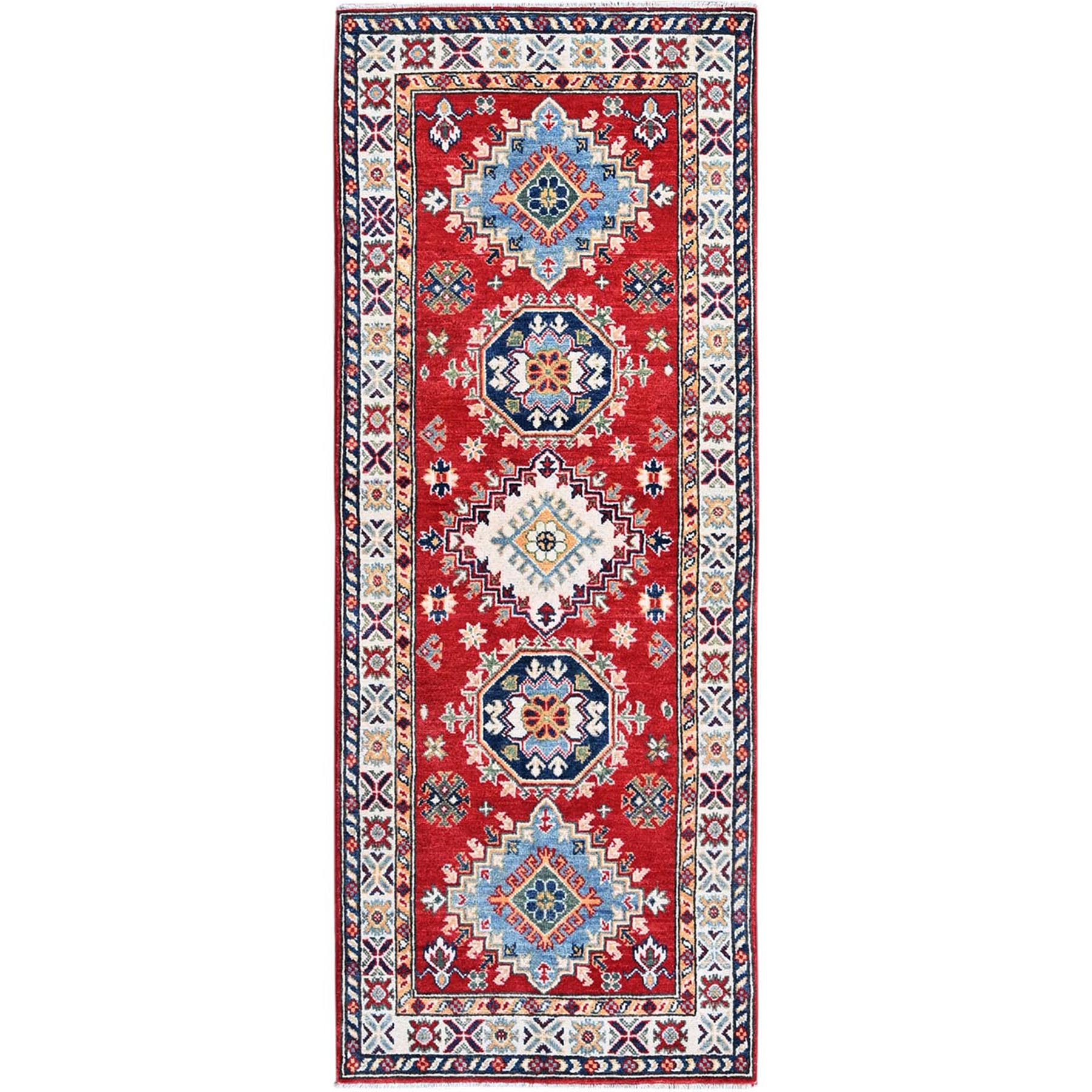 2'7"x6'9" Ajax Red, Kazak with Geometric Medallions Design, Soft and Shiny Wool, Hand Knotted, Vegetable Dyes, Denser Weave, Runner, Oriental Rug HR451