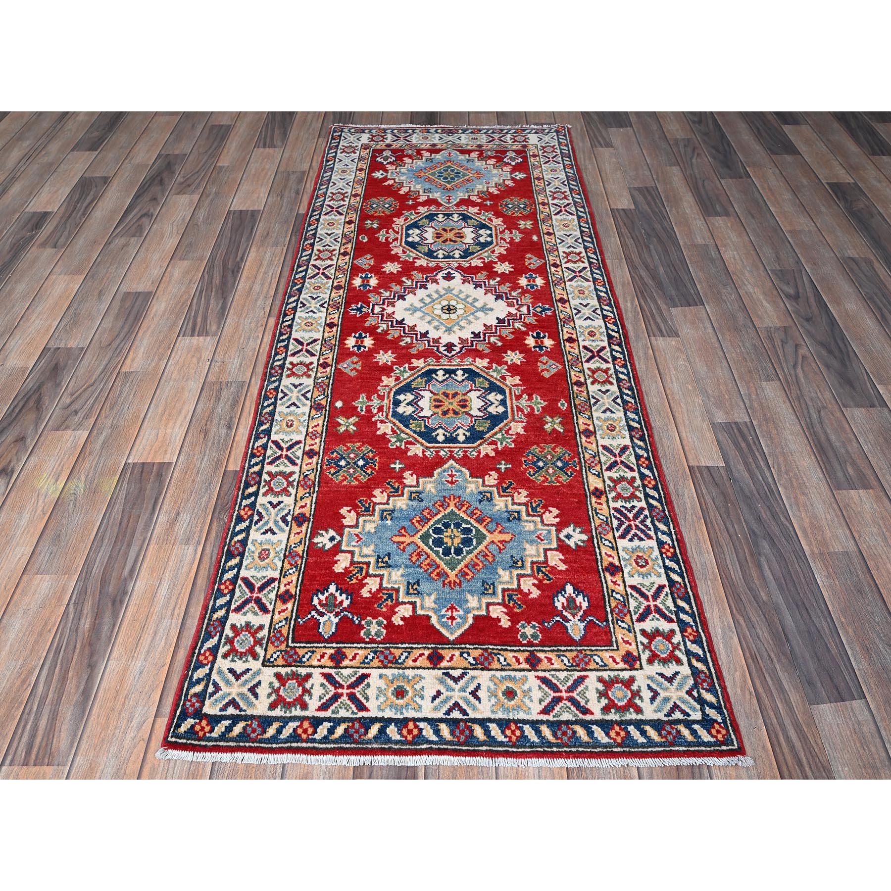2'7"x6'9" Ajax Red, Kazak with Geometric Medallions Design, Soft and Shiny Wool, Hand Knotted, Vegetable Dyes, Denser Weave, Runner, Oriental Rug HR451 - Image 2