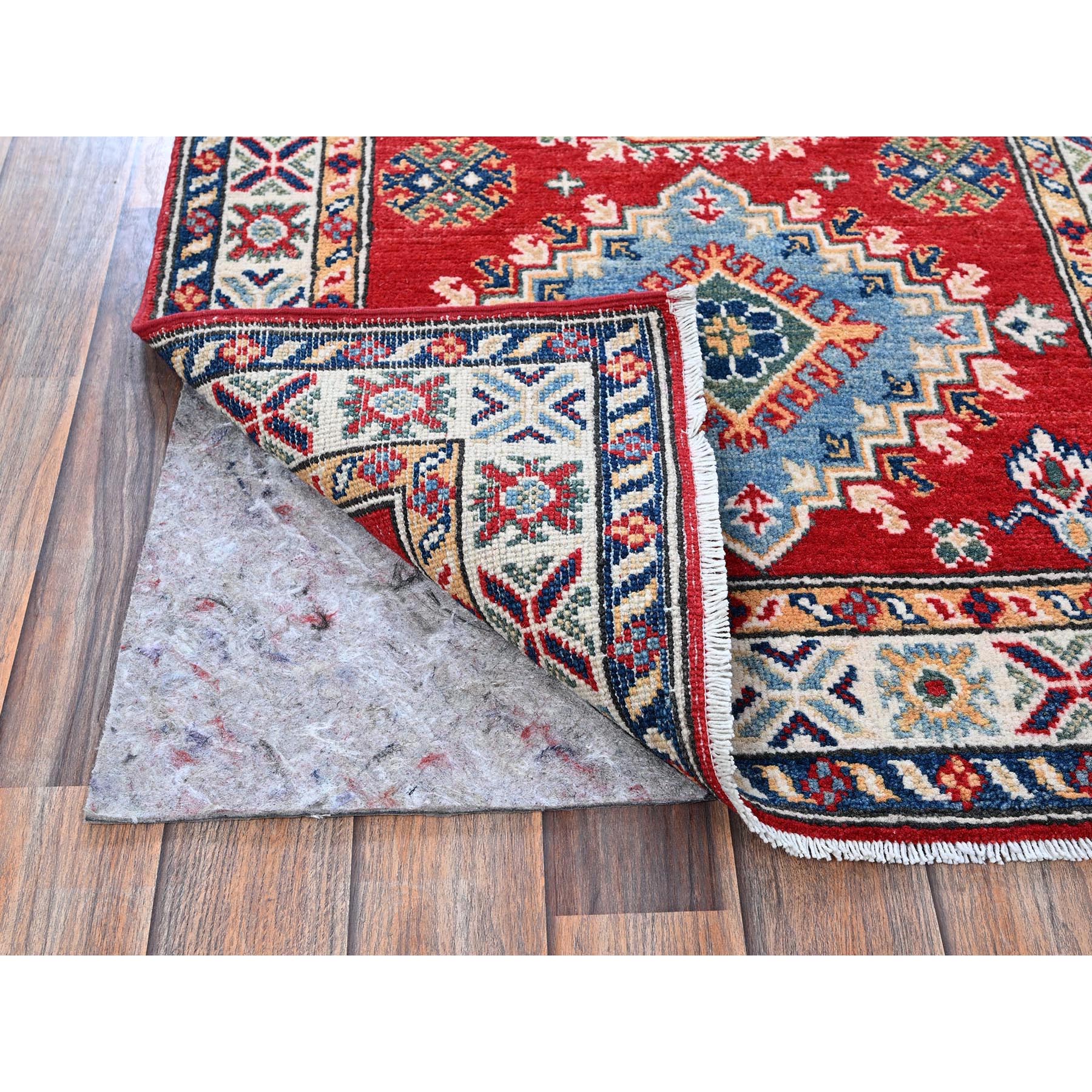 2'7"x6'9" Ajax Red, Kazak with Geometric Medallions Design, Soft and Shiny Wool, Hand Knotted, Vegetable Dyes, Denser Weave, Runner, Oriental Rug HR451 - Image 3