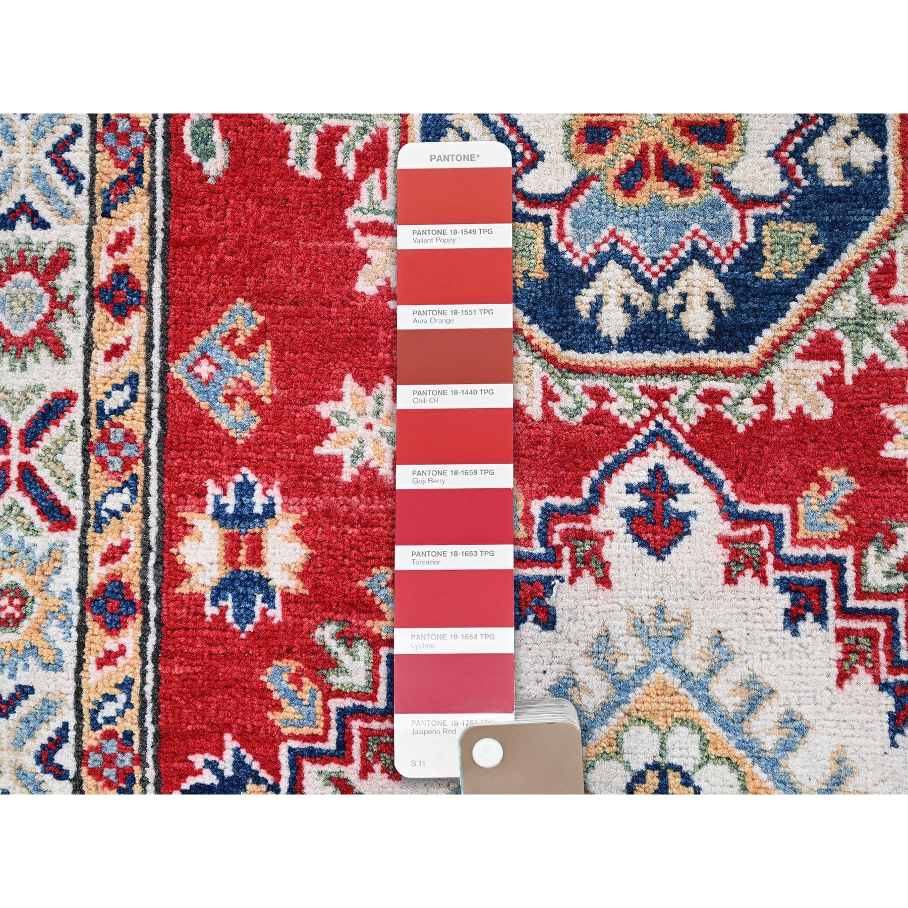 2'7"x6'9" Ajax Red, Kazak with Geometric Medallions Design, Soft and Shiny Wool, Hand Knotted, Vegetable Dyes, Denser Weave, Runner, Oriental Rug HR451 - Image 4