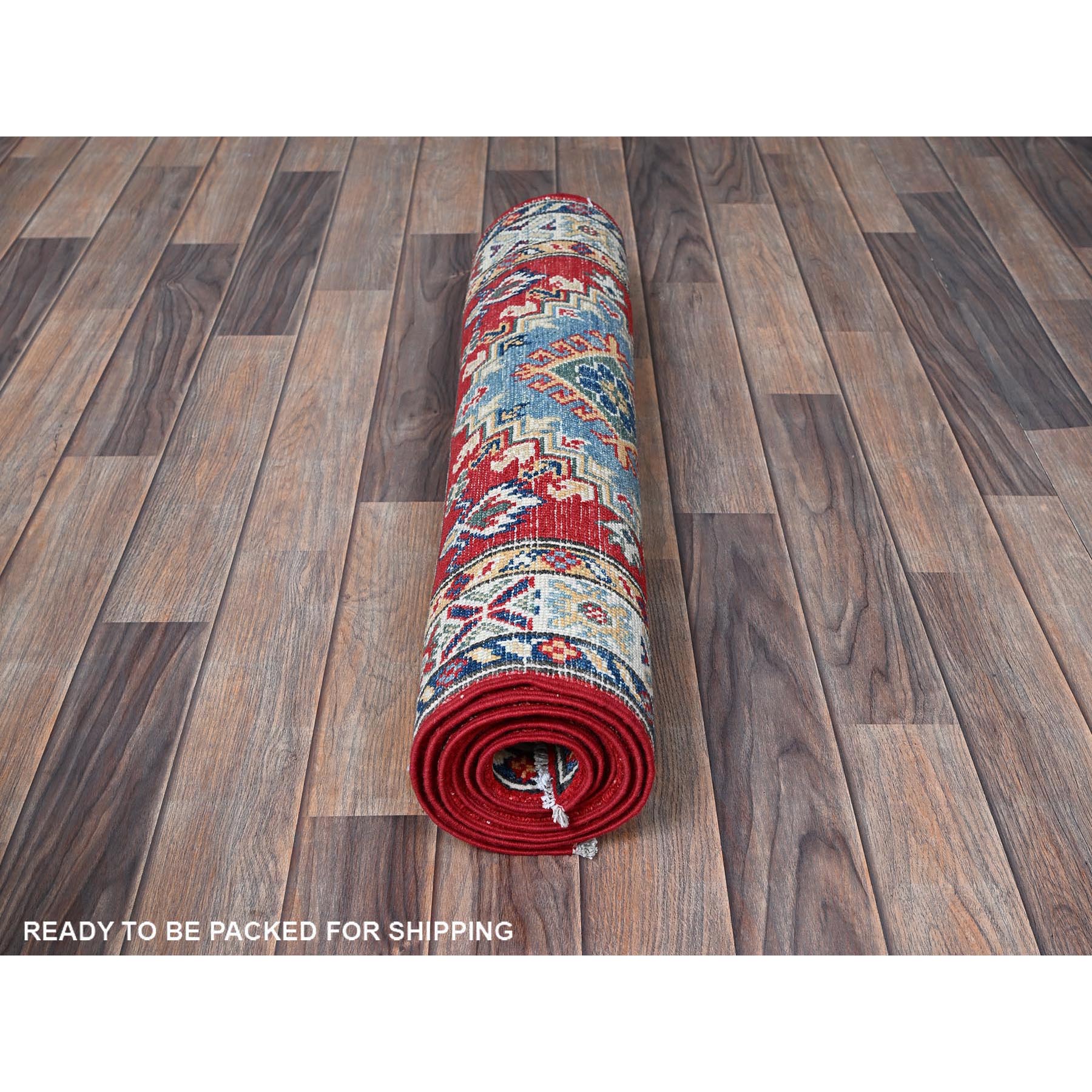 2'7"x6'9" Ajax Red, Kazak with Geometric Medallions Design, Soft and Shiny Wool, Hand Knotted, Vegetable Dyes, Denser Weave, Runner, Oriental Rug HR451 - Image 5