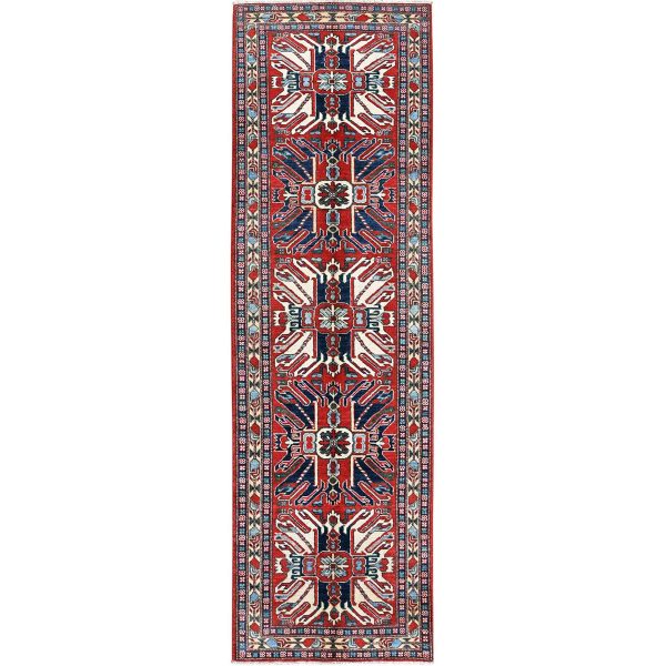 2'9"x9'10" Crimson Red, Eagle Kazak with Tribal Medallions Design, Hand Knotted, Soft and Velvety Wool, Vegetable Dyes, Denser Weave, Runner, Oriental Rug HR453