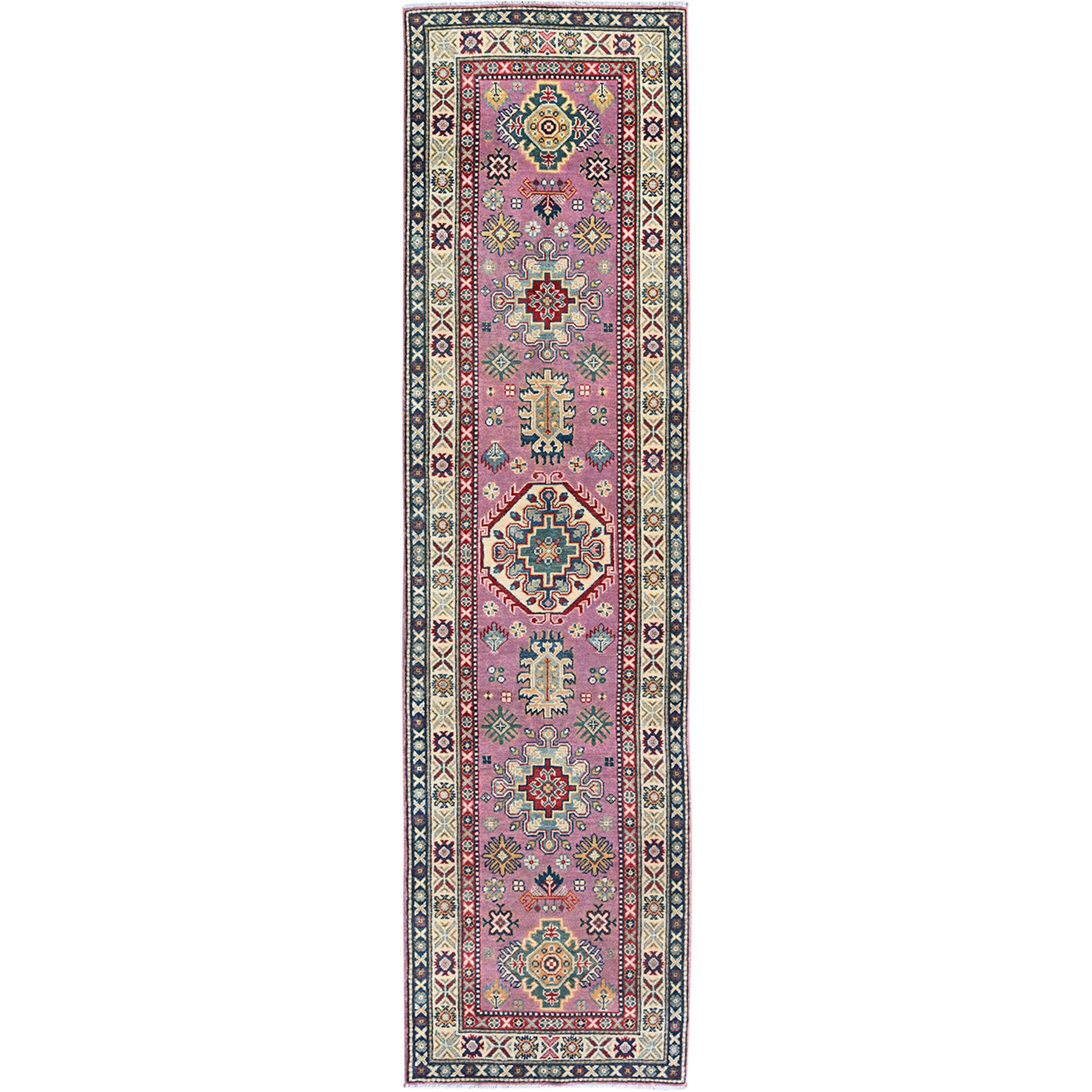 2'7"x10'1" Neon Pink, Kazak with Tribal Medallions Design, Hand Knotted, Soft and Vibrant Wool, Vegetable Dyes, Denser Weave, Runner, Oriental Rug HR455