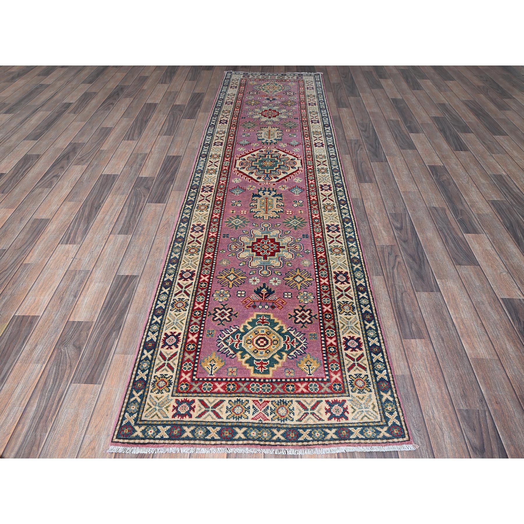 2'7"x10'1" Neon Pink, Kazak with Tribal Medallions Design, Hand Knotted, Soft and Vibrant Wool, Vegetable Dyes, Denser Weave, Runner, Oriental Rug HR455 - Image 2