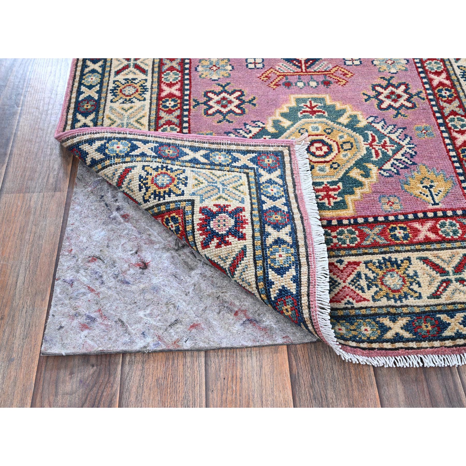 2'7"x10'1" Neon Pink, Kazak with Tribal Medallions Design, Hand Knotted, Soft and Vibrant Wool, Vegetable Dyes, Denser Weave, Runner, Oriental Rug HR455 - Image 3