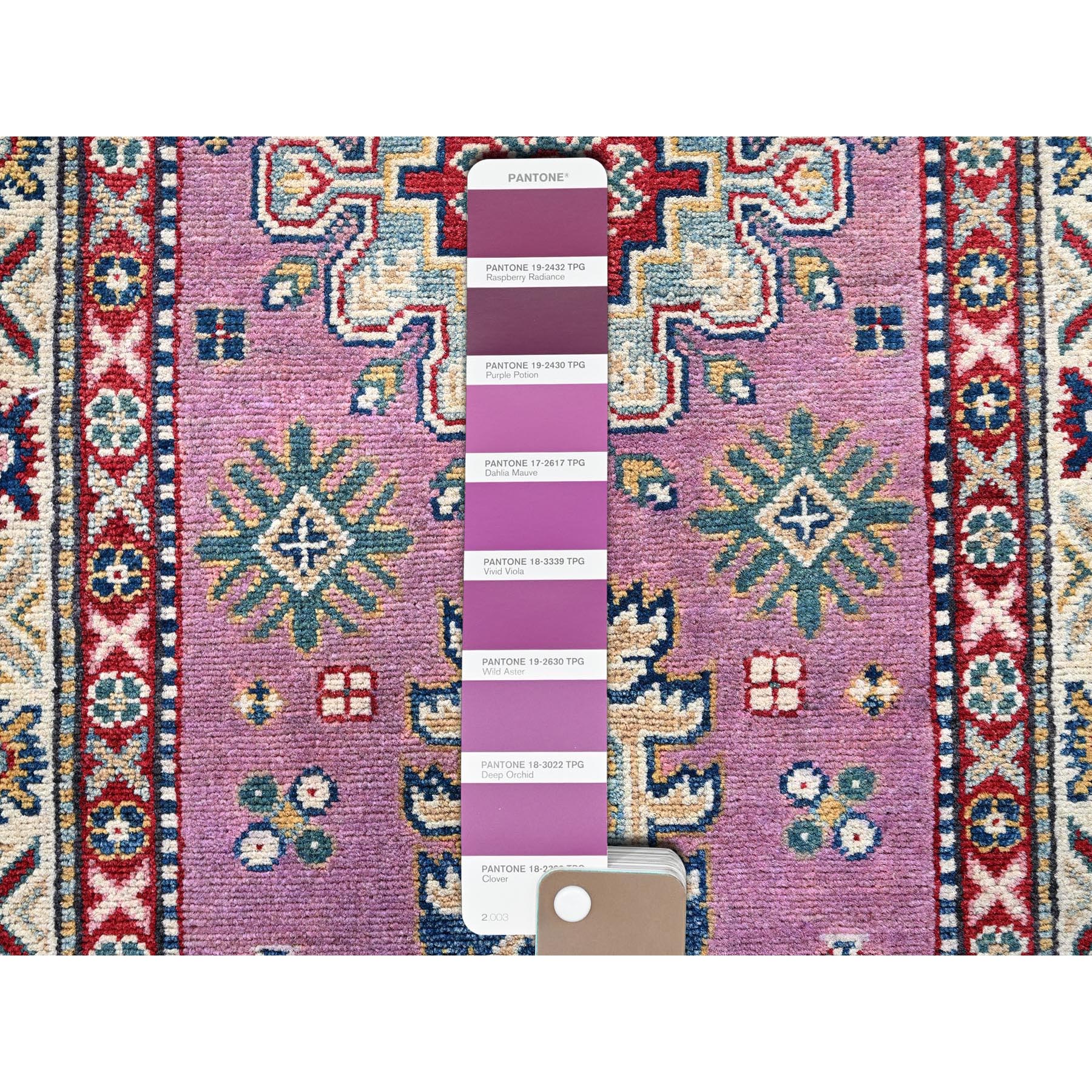 2'7"x10'1" Neon Pink, Kazak with Tribal Medallions Design, Hand Knotted, Soft and Vibrant Wool, Vegetable Dyes, Denser Weave, Runner, Oriental Rug HR455 - Image 4