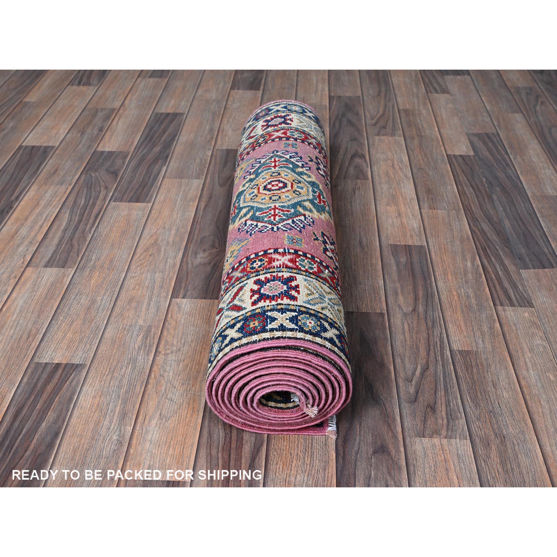 2'7"x10'1" Neon Pink, Kazak with Tribal Medallions Design, Hand Knotted, Soft and Vibrant Wool, Vegetable Dyes, Denser Weave, Runner, Oriental Rug HR455 - Image 5