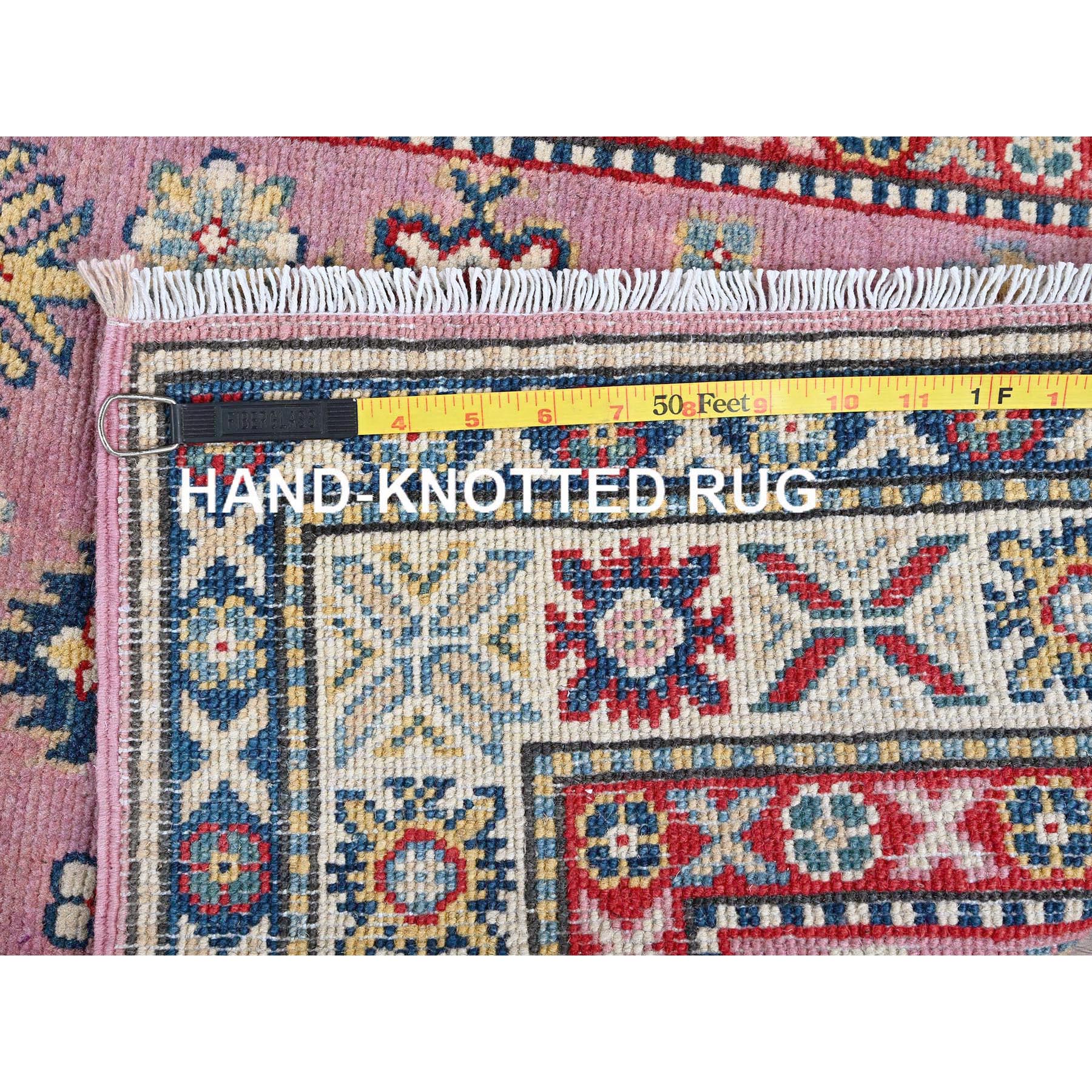 2'7"x10'1" Neon Pink, Kazak with Tribal Medallions Design, Hand Knotted, Soft and Vibrant Wool, Vegetable Dyes, Denser Weave, Runner, Oriental Rug HR455 - Image 7