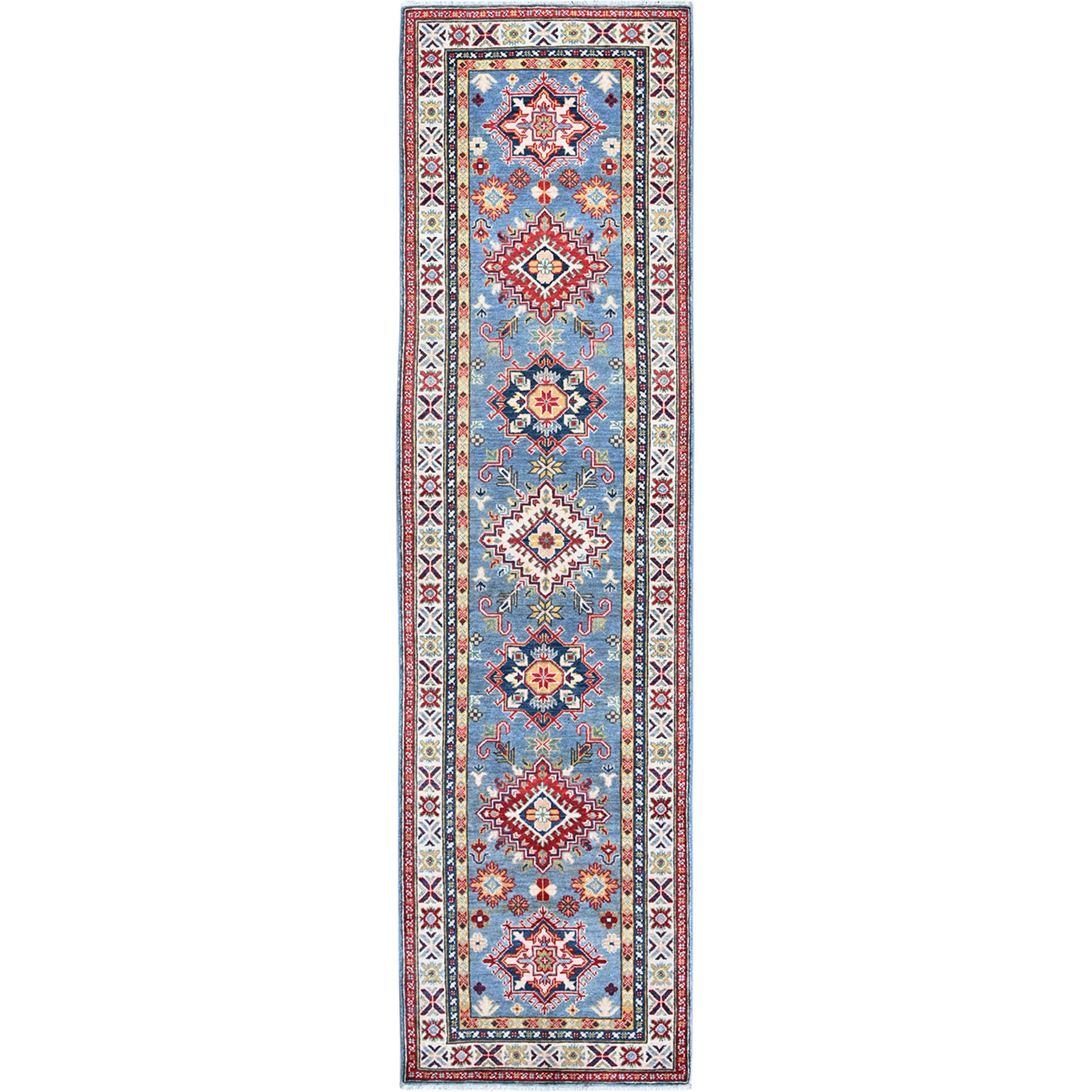 2'7"x9'9" Carolina Blue, Kazak with Tribal Medallions Design, Soft and Shiny Wool, Vegetable Dyes, Hand Knotted, Denser Weave, Runner, Oriental Rug HR458