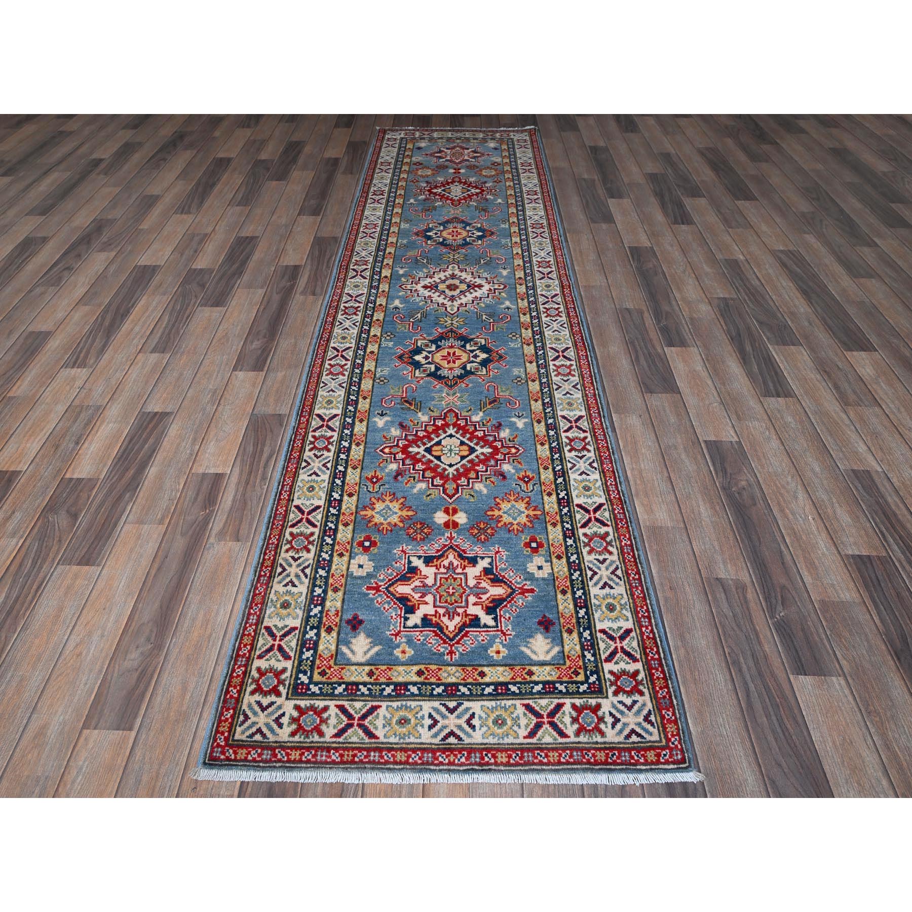 2'7"x9'9" Carolina Blue, Kazak with Tribal Medallions Design, Soft and Shiny Wool, Vegetable Dyes, Hand Knotted, Denser Weave, Runner, Oriental Rug HR458 - Image 2