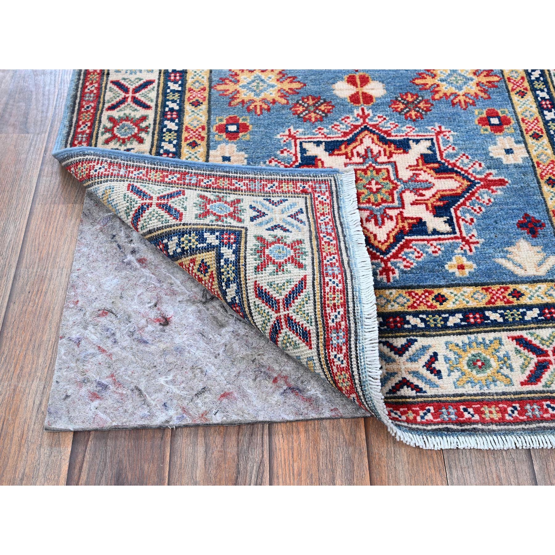 2'7"x9'9" Carolina Blue, Kazak with Tribal Medallions Design, Soft and Shiny Wool, Vegetable Dyes, Hand Knotted, Denser Weave, Runner, Oriental Rug HR458 - Image 3