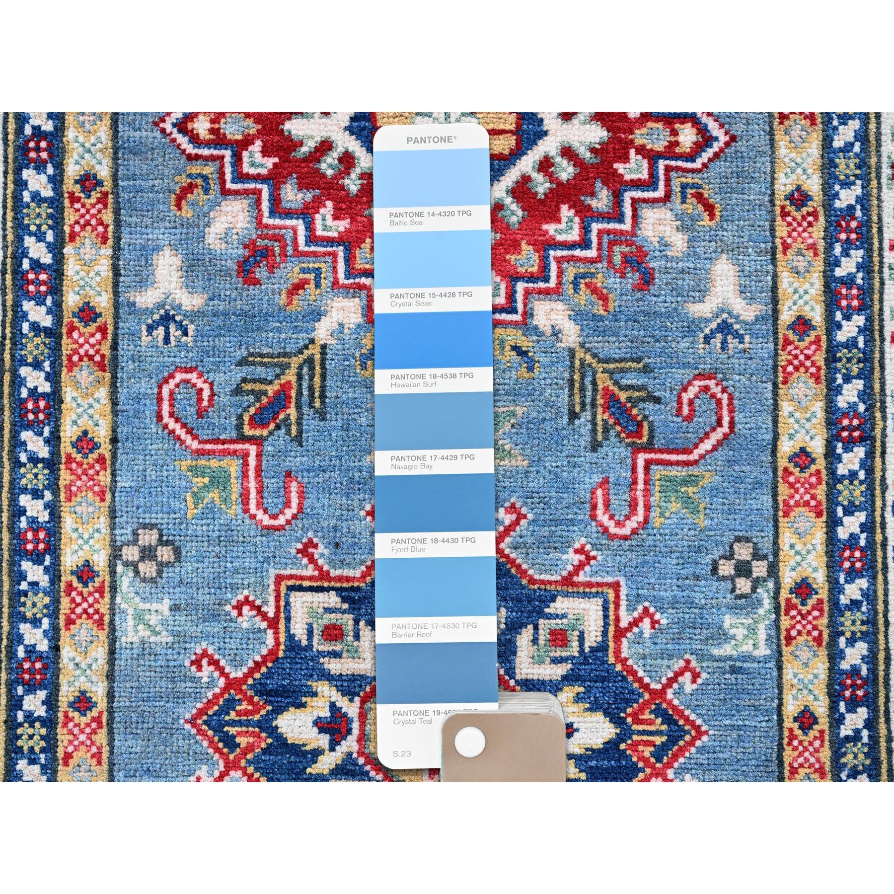 2'7"x9'9" Carolina Blue, Kazak with Tribal Medallions Design, Soft and Shiny Wool, Vegetable Dyes, Hand Knotted, Denser Weave, Runner, Oriental Rug HR458 - Image 4