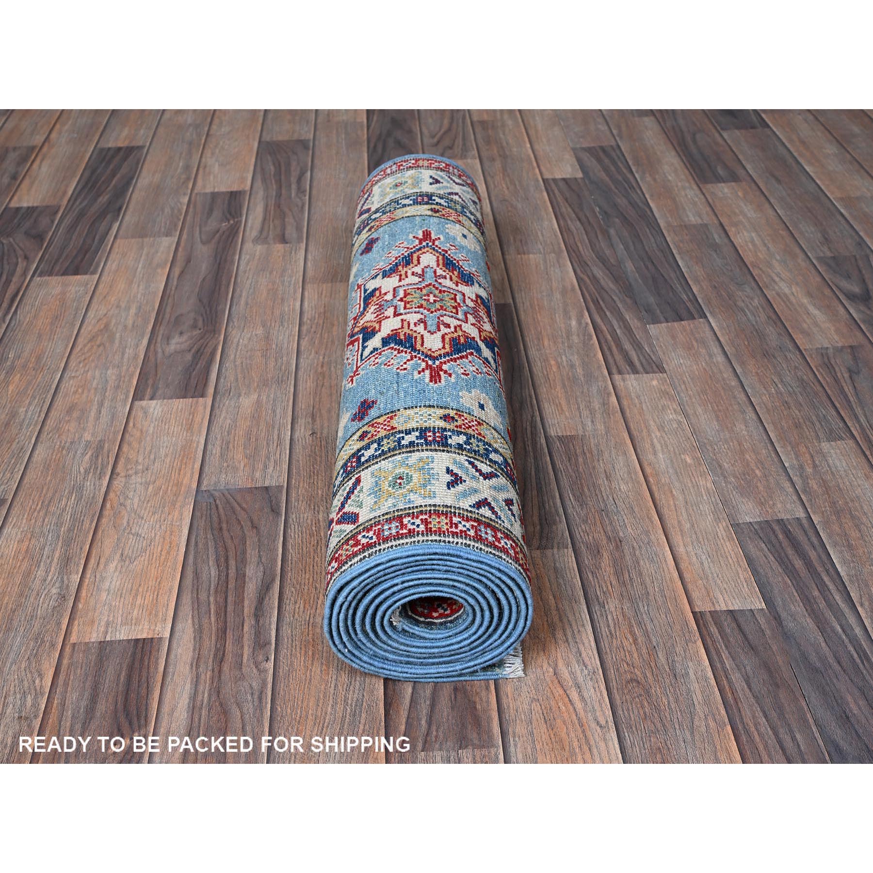2'7"x9'9" Carolina Blue, Kazak with Tribal Medallions Design, Soft and Shiny Wool, Vegetable Dyes, Hand Knotted, Denser Weave, Runner, Oriental Rug HR458 - Image 5