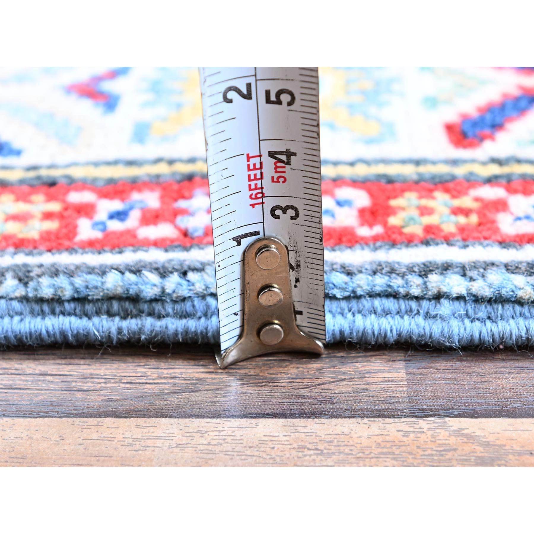 2'7"x9'9" Carolina Blue, Kazak with Tribal Medallions Design, Soft and Shiny Wool, Vegetable Dyes, Hand Knotted, Denser Weave, Runner, Oriental Rug HR458 - Image 6