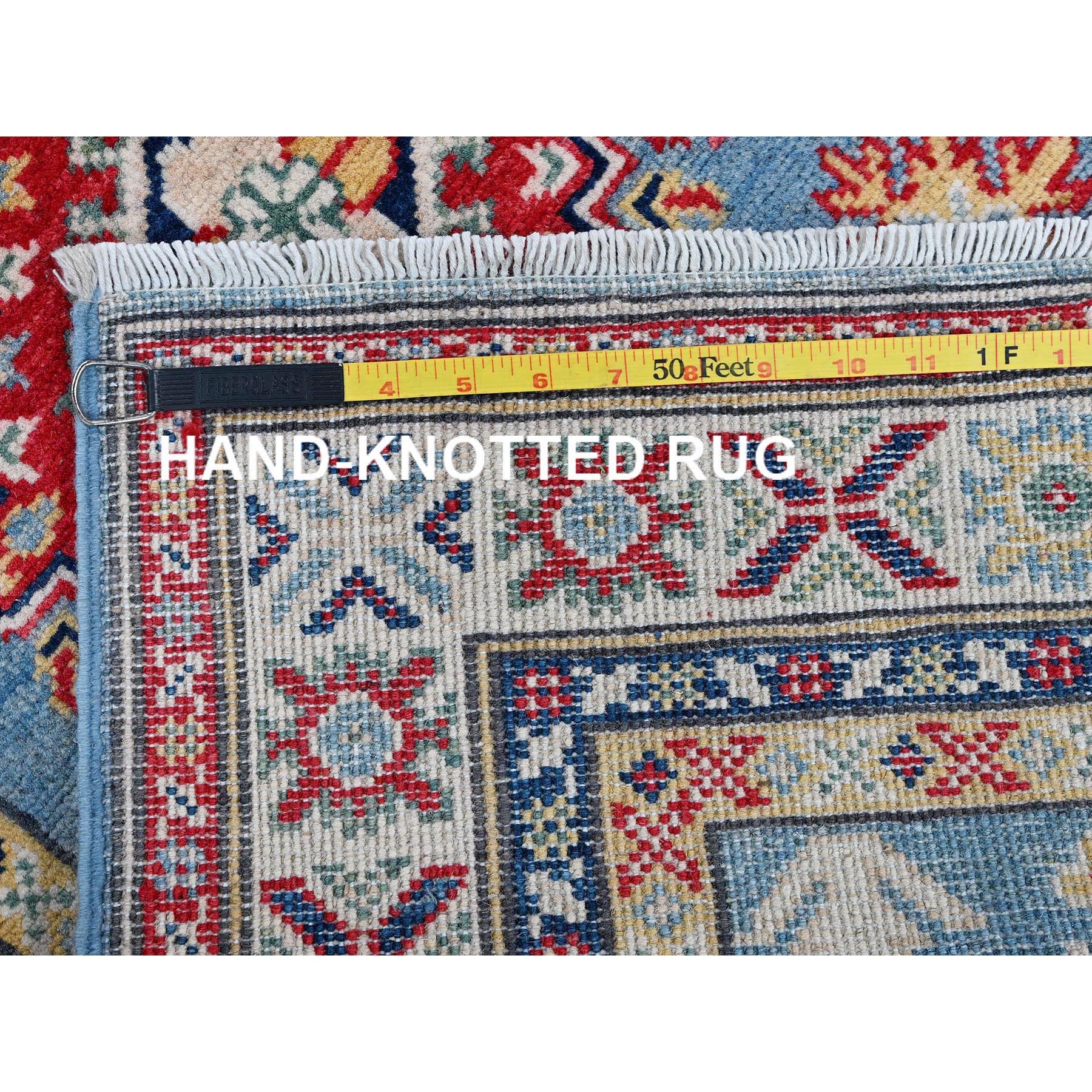 2'7"x9'9" Carolina Blue, Kazak with Tribal Medallions Design, Soft and Shiny Wool, Vegetable Dyes, Hand Knotted, Denser Weave, Runner, Oriental Rug HR458 - Image 7