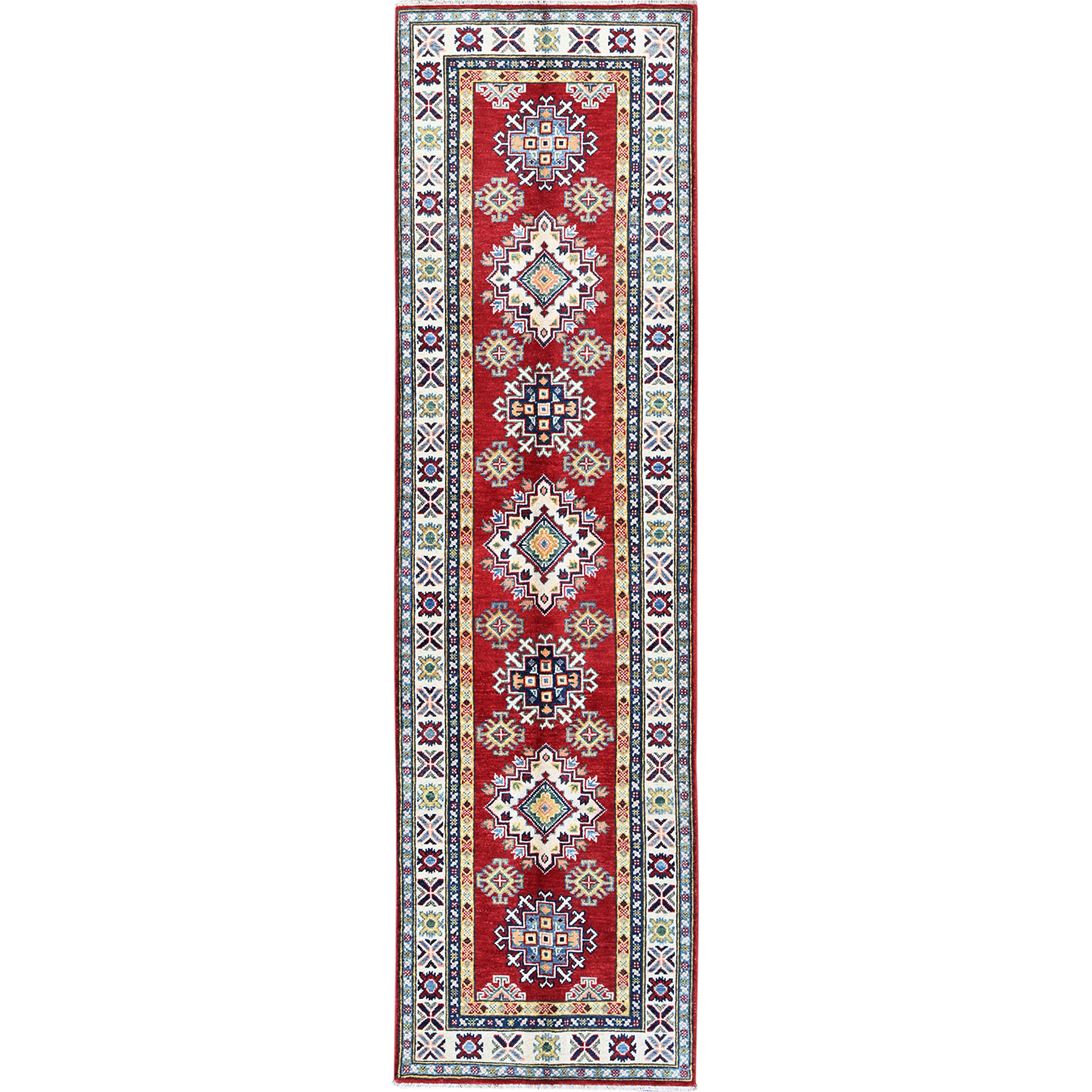2'8"x9'6" Crimson Red, Kazak with Geometric Medallions Design, Hand Knotted, Soft and Shiny Wool, Vegetable Dyes, Denser Weave, Runner, Oriental Rug HR463