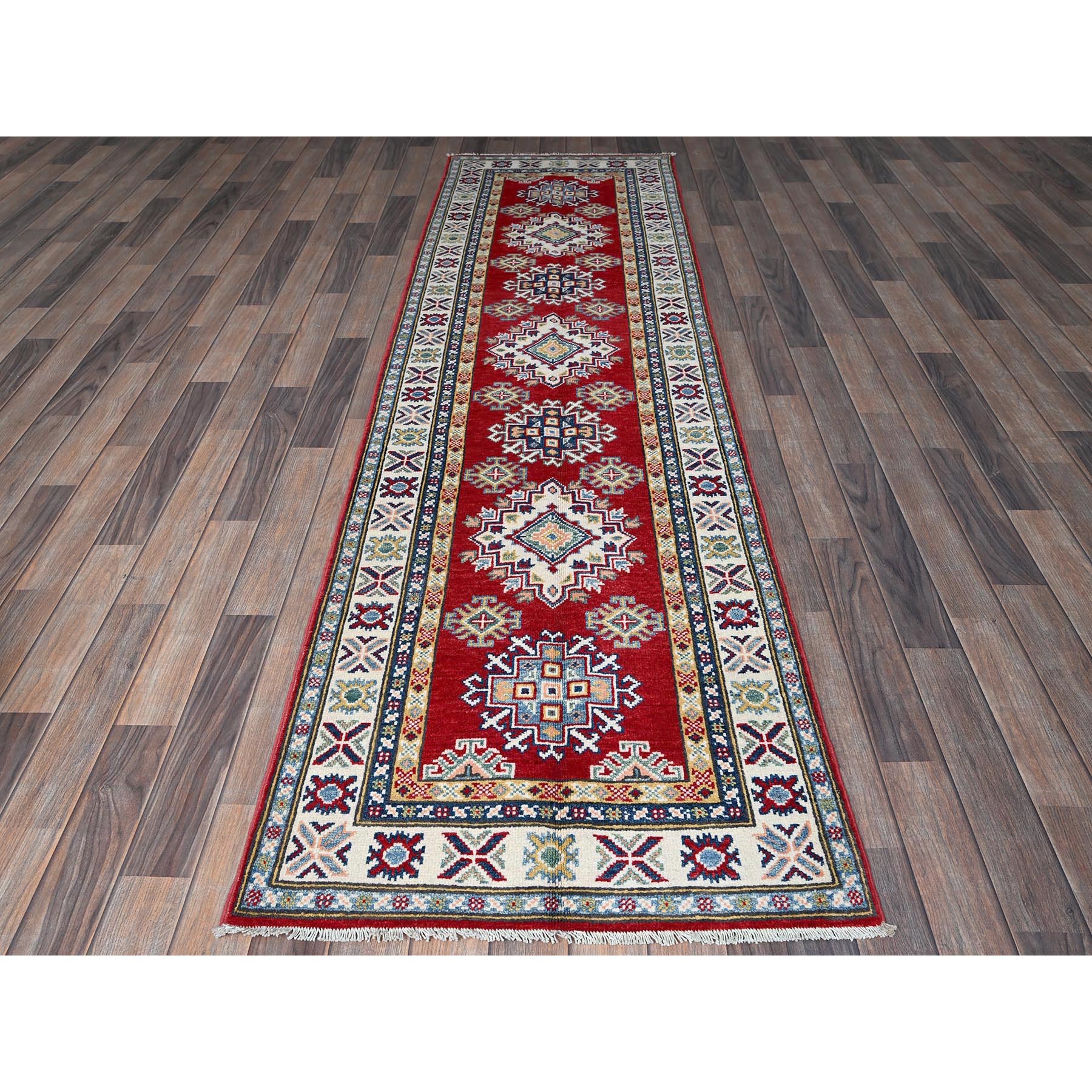 2'8"x9'6" Crimson Red, Kazak with Geometric Medallions Design, Hand Knotted, Soft and Shiny Wool, Vegetable Dyes, Denser Weave, Runner, Oriental Rug HR463 - Image 2