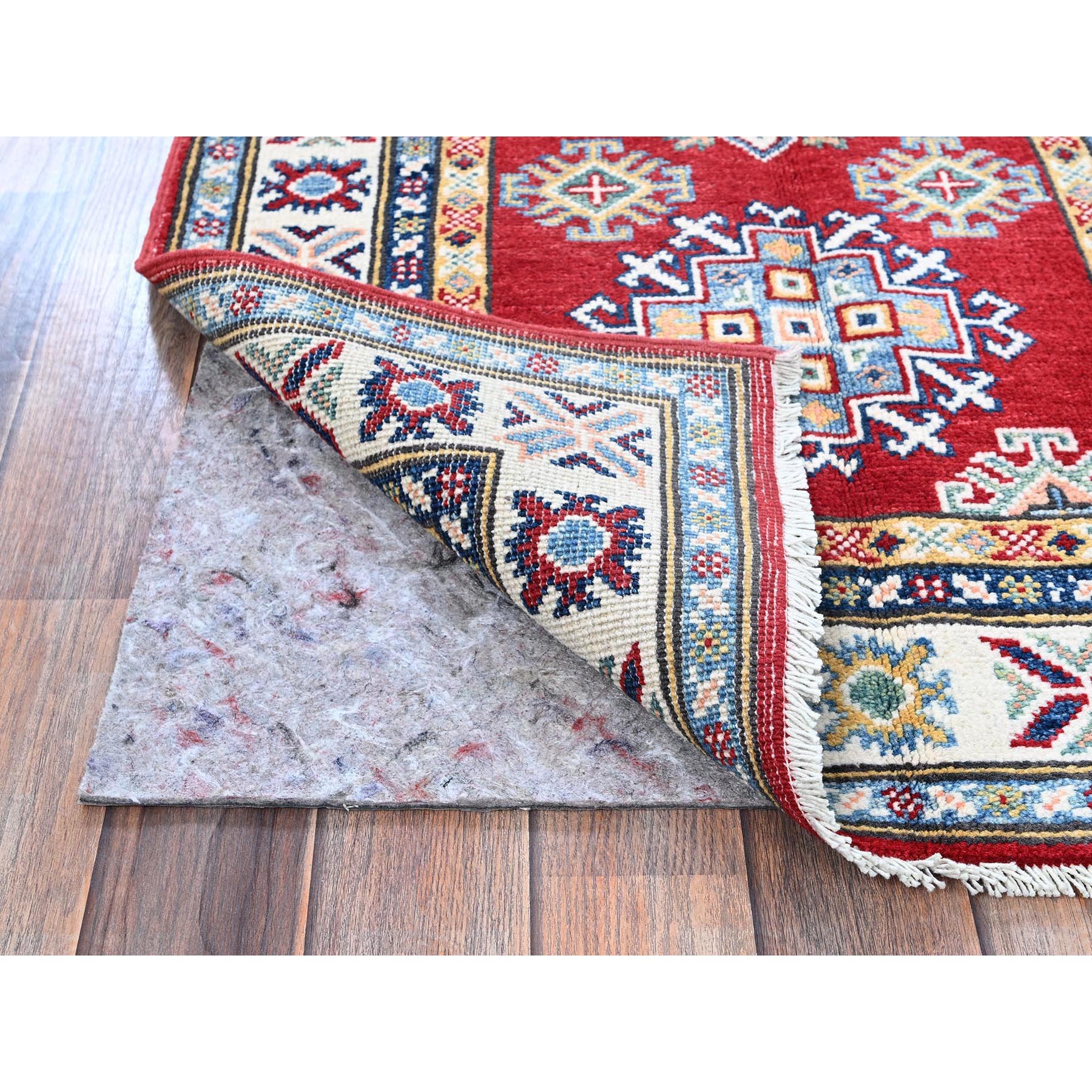 2'8"x9'6" Crimson Red, Kazak with Geometric Medallions Design, Hand Knotted, Soft and Shiny Wool, Vegetable Dyes, Denser Weave, Runner, Oriental Rug HR463 - Image 3