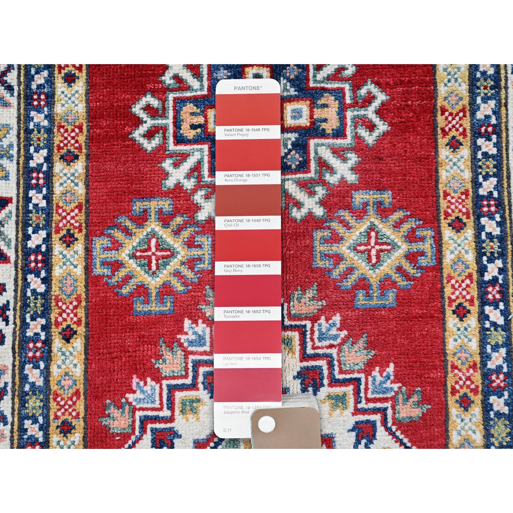 2'8"x9'6" Crimson Red, Kazak with Geometric Medallions Design, Hand Knotted, Soft and Shiny Wool, Vegetable Dyes, Denser Weave, Runner, Oriental Rug HR463 - Image 4