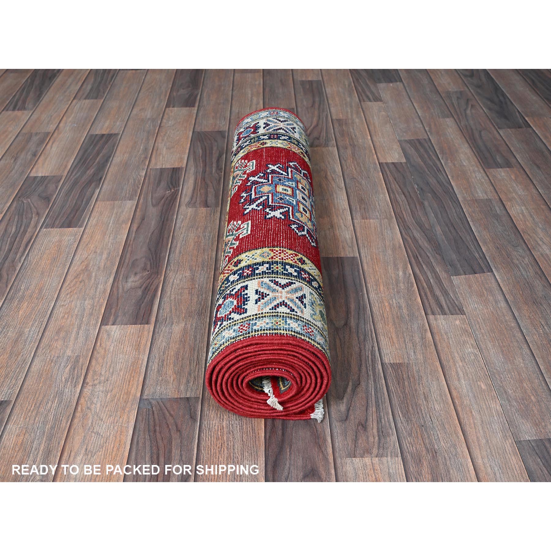 2'8"x9'6" Crimson Red, Kazak with Geometric Medallions Design, Hand Knotted, Soft and Shiny Wool, Vegetable Dyes, Denser Weave, Runner, Oriental Rug HR463 - Image 5