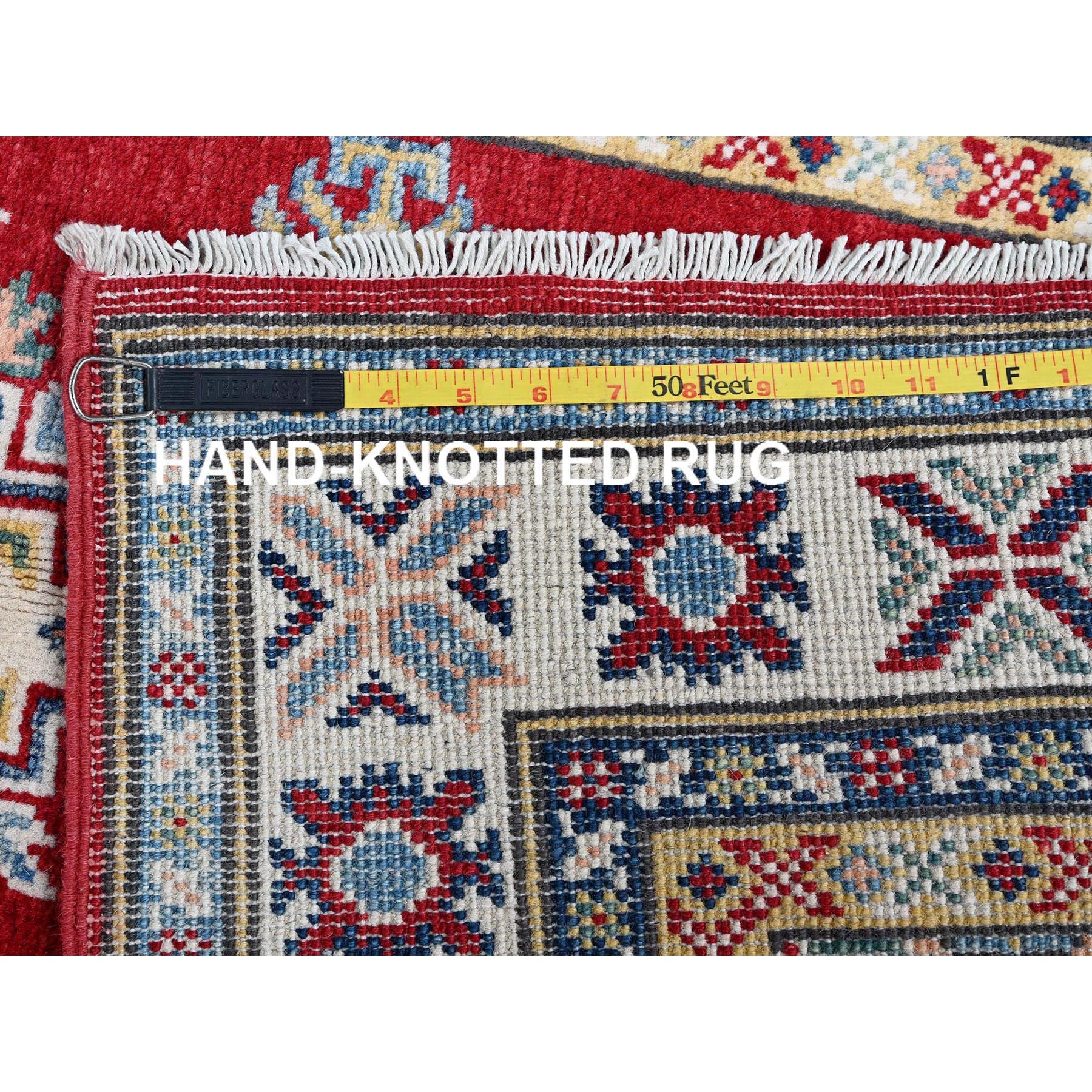 2'8"x9'6" Crimson Red, Kazak with Geometric Medallions Design, Hand Knotted, Soft and Shiny Wool, Vegetable Dyes, Denser Weave, Runner, Oriental Rug HR463 - Image 7
