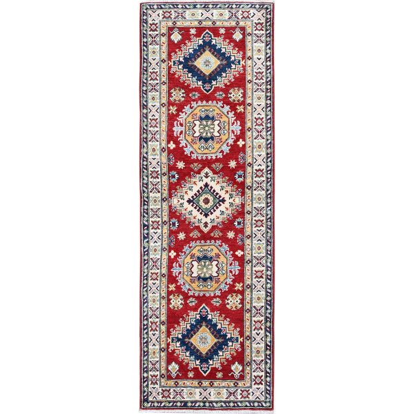 2'7"x8'1" Arsenal Red, Kazak with Tribal Medallions Design, Hand Knotted, Soft and Velvety Wool, Vegetable Dyes, Denser Weave, Runner, Oriental Rug HR468