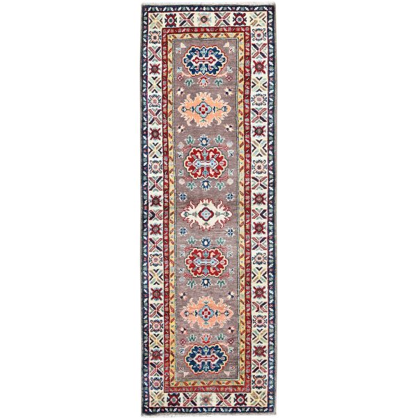 2'x6'5" Fossil Gray, Kazak with Tribal Medallions Design, Soft and Velvety Wool, Hand Knotted, Denser Weave, Vegetable Dyes, Narrow Runner, Oriental Rug HR486